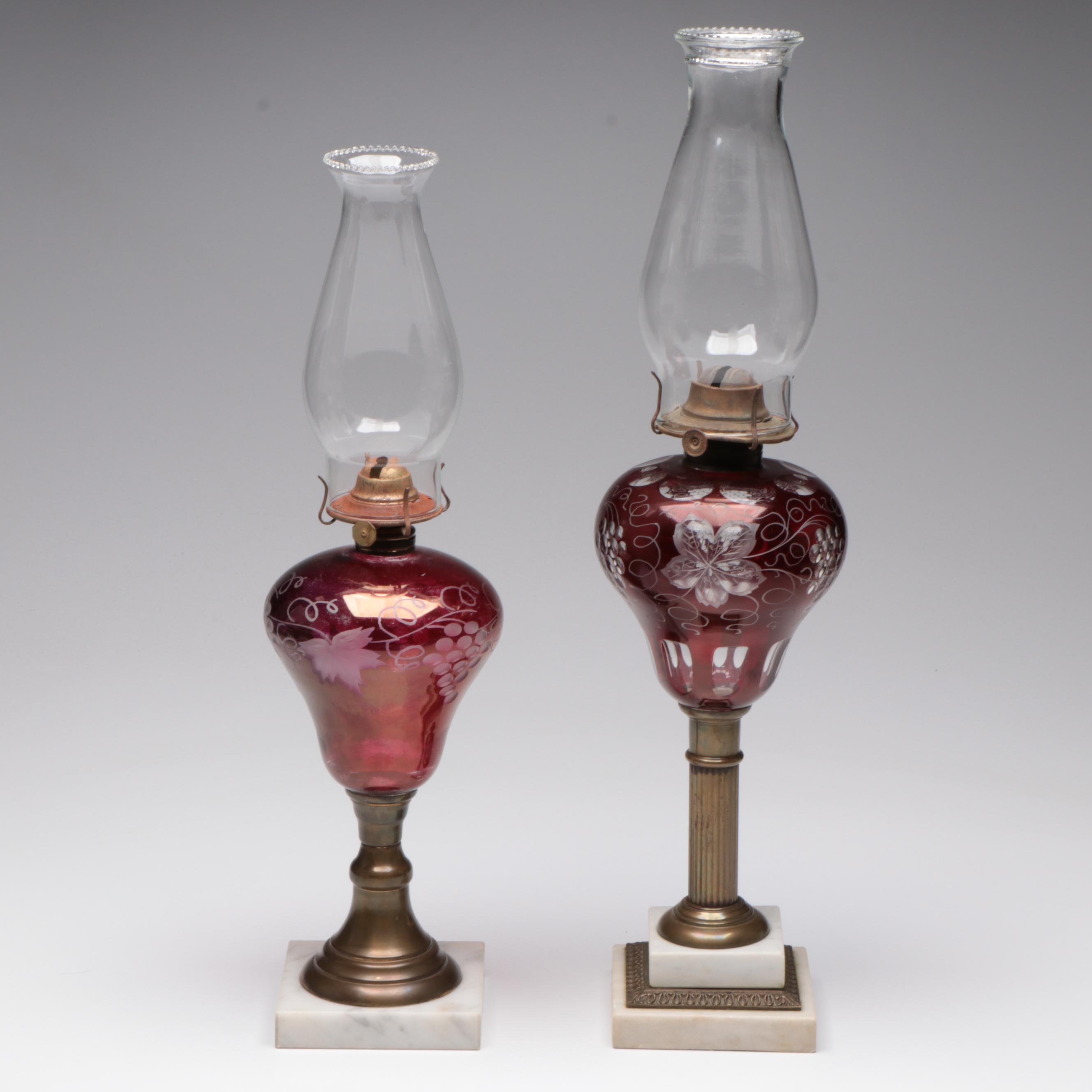 Ruby Cut to Clear Glass Oil Lamps on Brass and Marble Bases