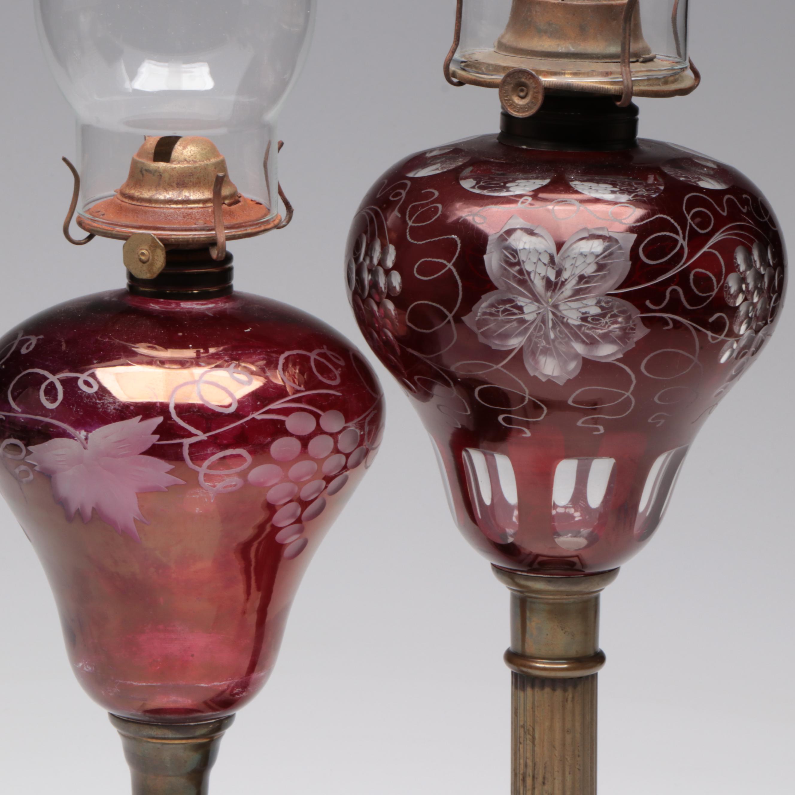 Ruby Cut to Clear Glass Oil Lamps on Brass and Marble Bases