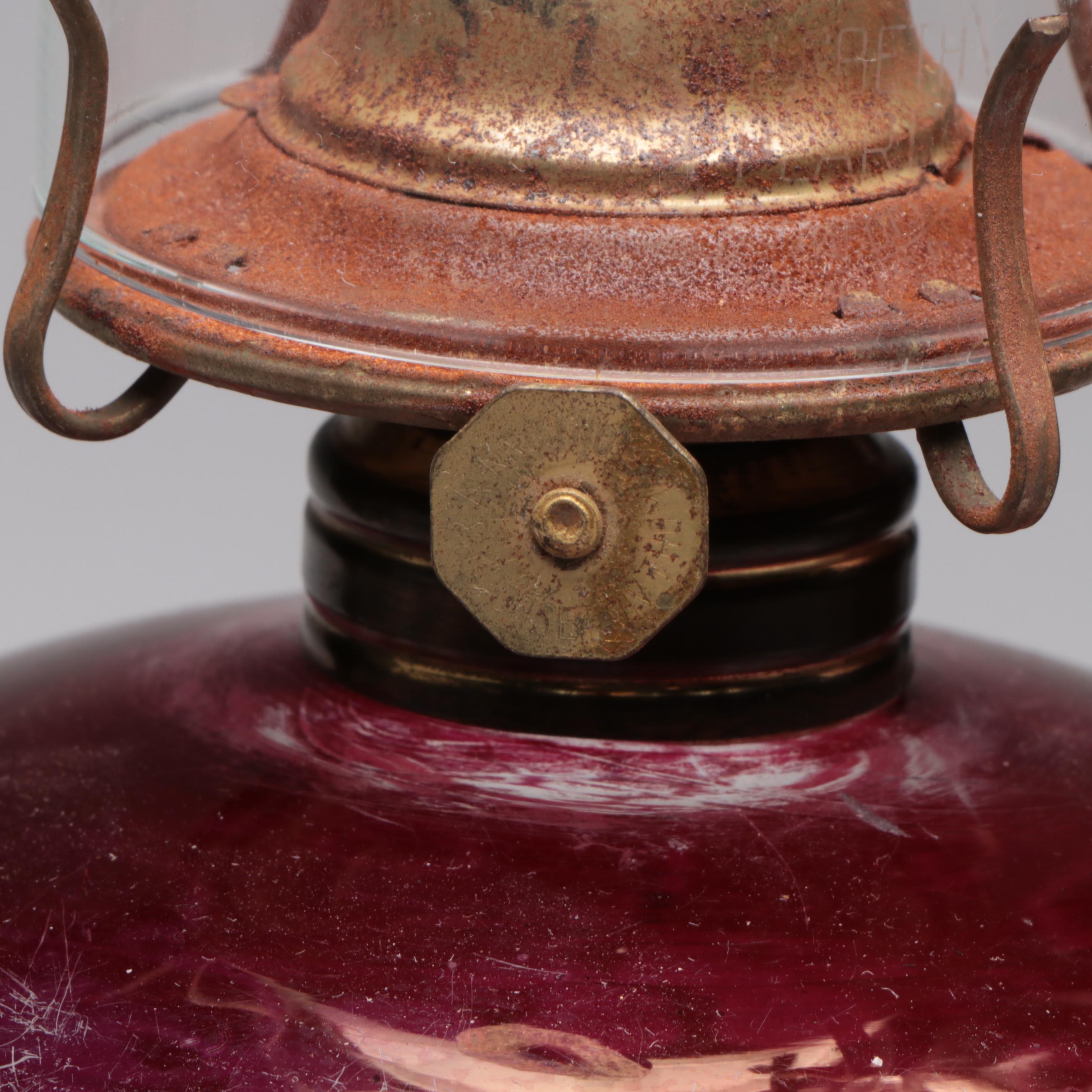 Ruby Cut to Clear Glass Oil Lamps on Brass and Marble Bases