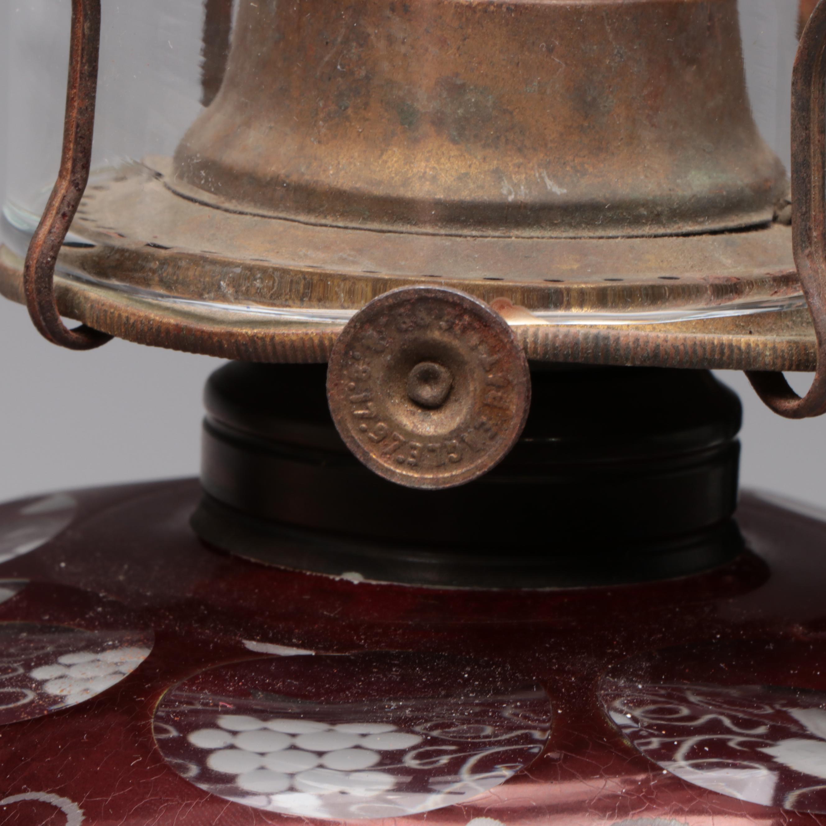 Ruby Cut to Clear Glass Oil Lamps on Brass and Marble Bases