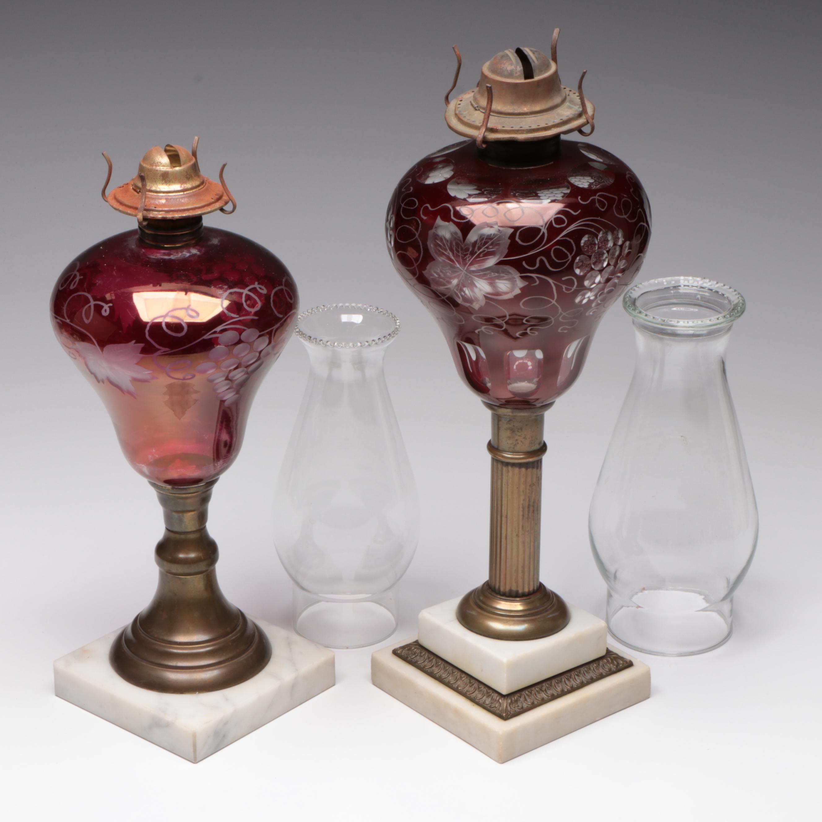 Ruby Cut to Clear Glass Oil Lamps on Brass and Marble Bases