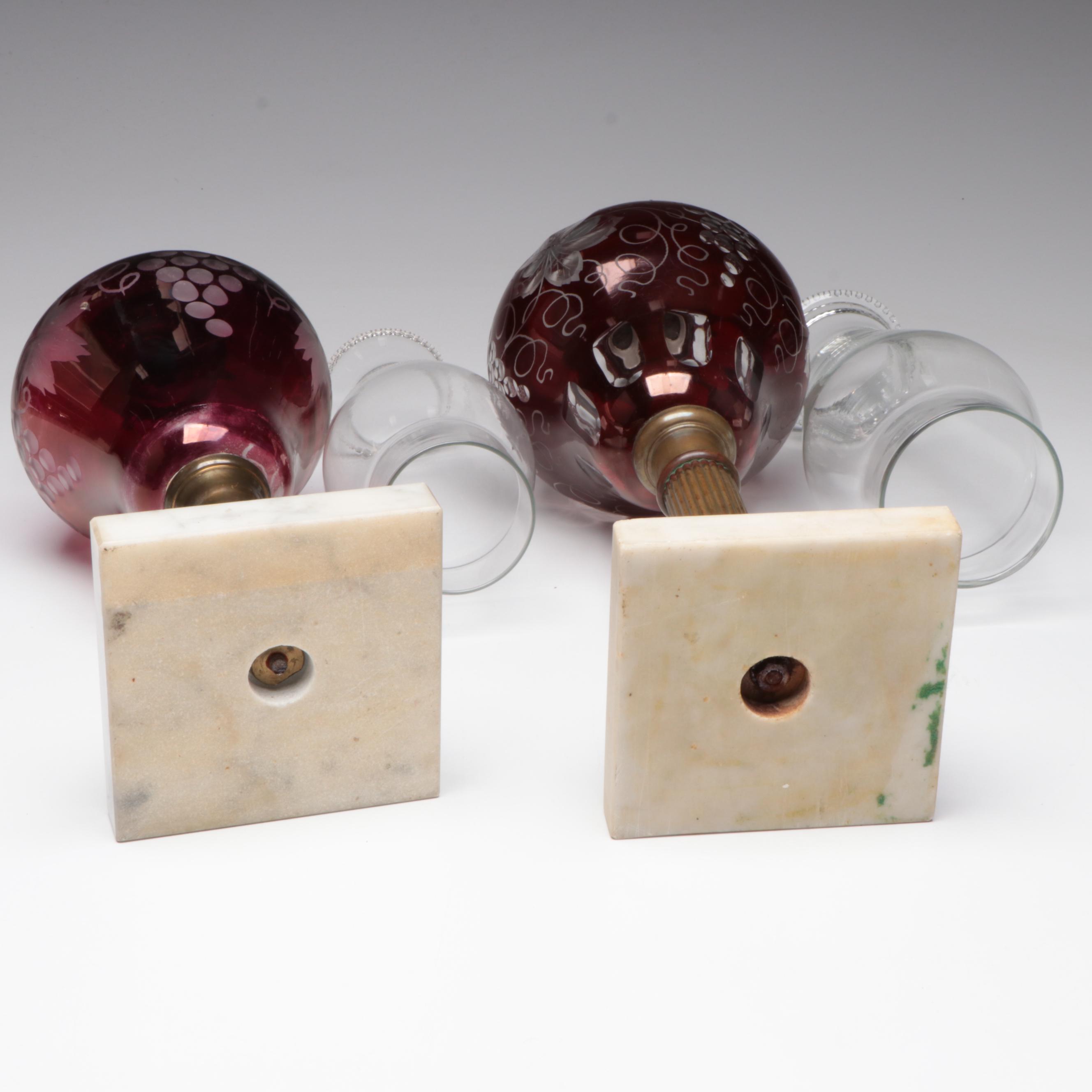 Ruby Cut to Clear Glass Oil Lamps on Brass and Marble Bases