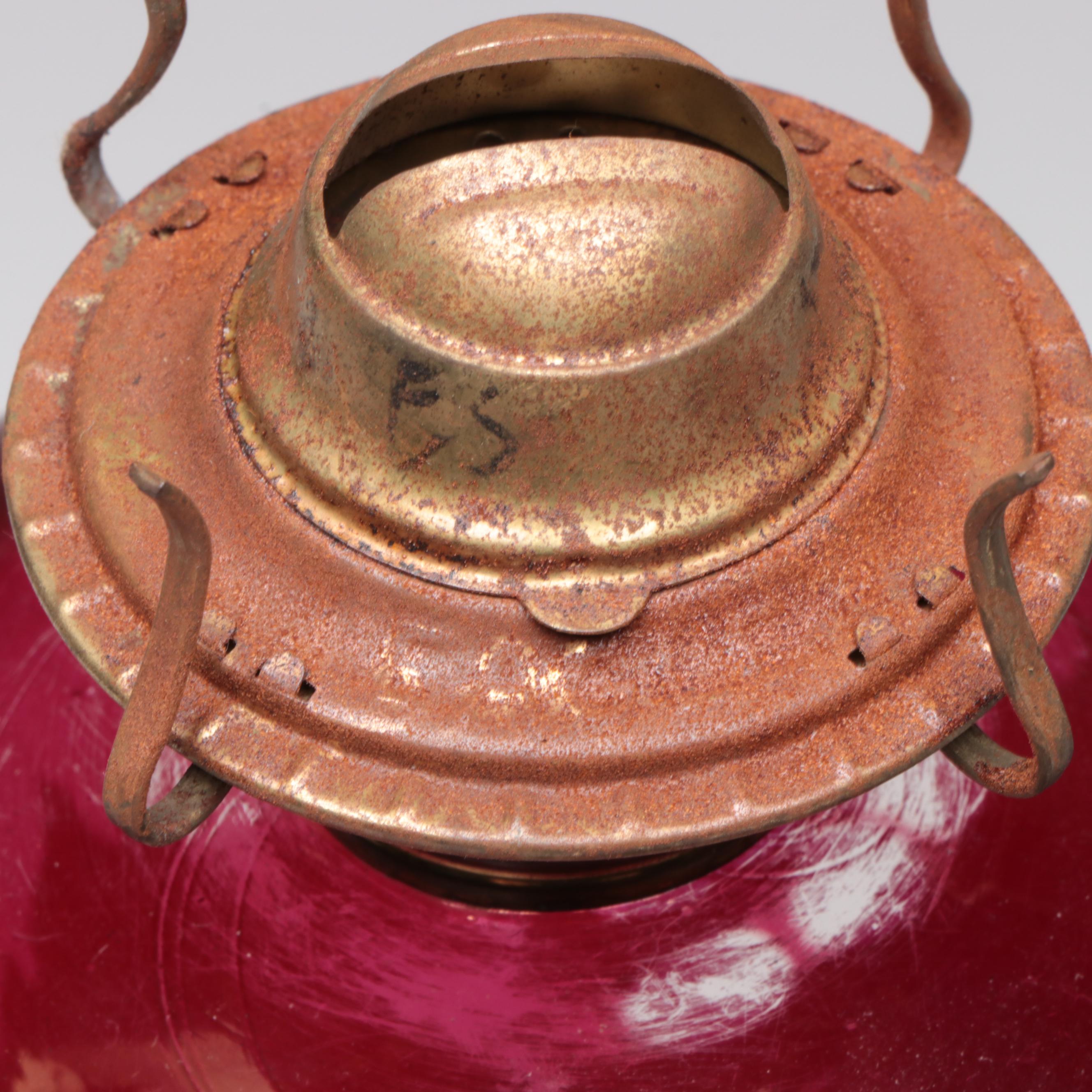 Ruby Cut to Clear Glass Oil Lamps on Brass and Marble Bases