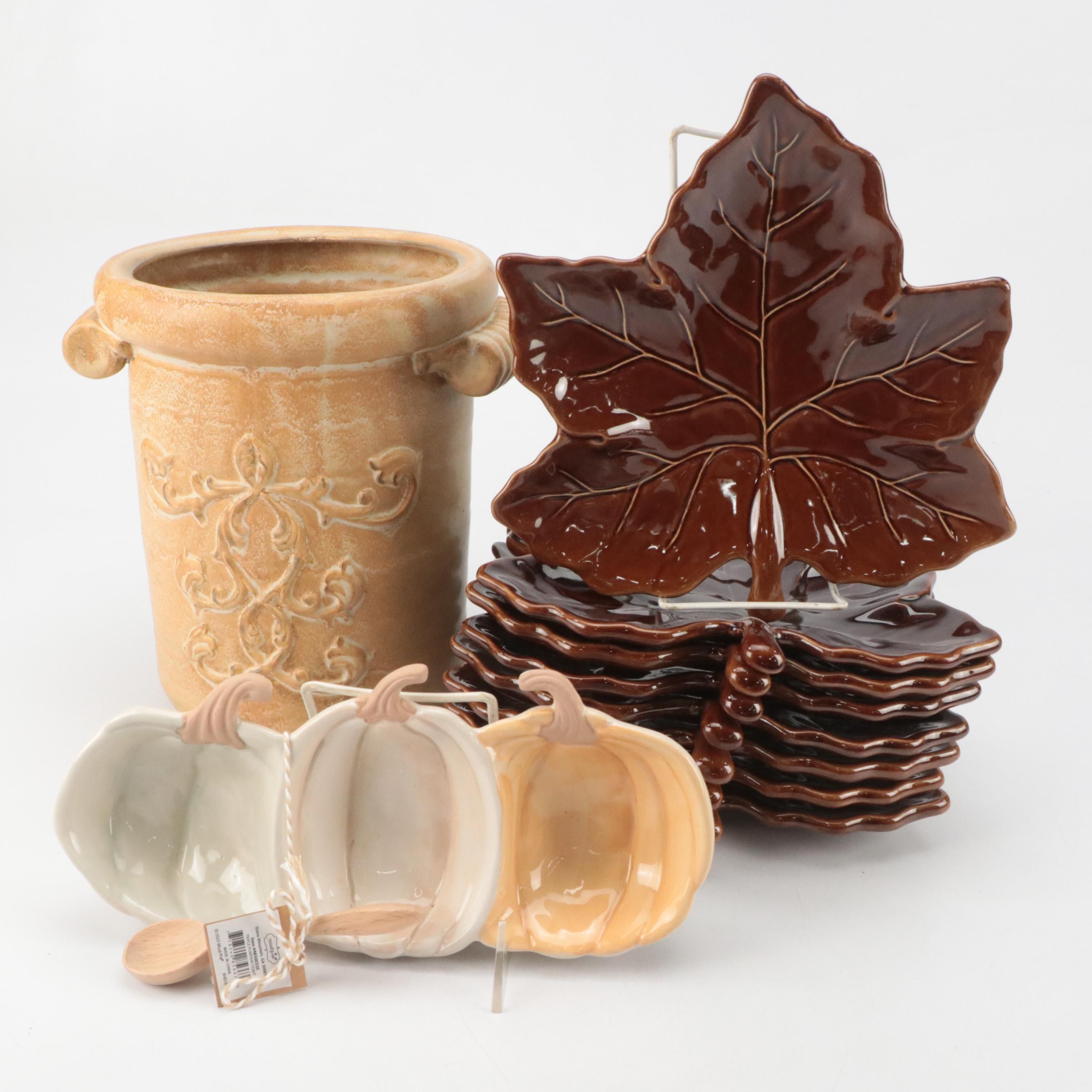Pottery Barn Autumn Leaf Plates, Mudpie Ceramic Pumpkin Dish and Other Container
