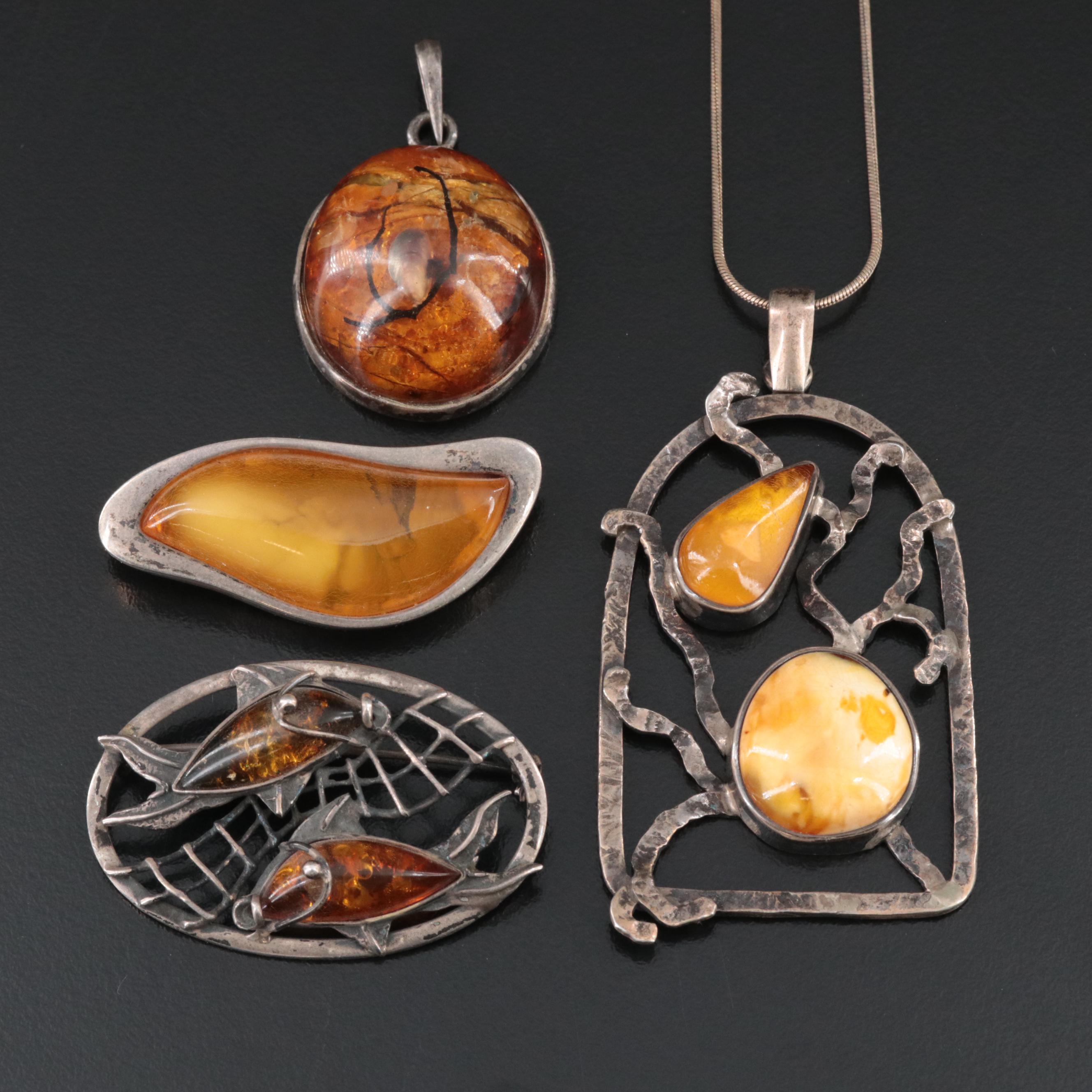 Sterling Pendant, Necklace and Brooches Including Copal and Amber