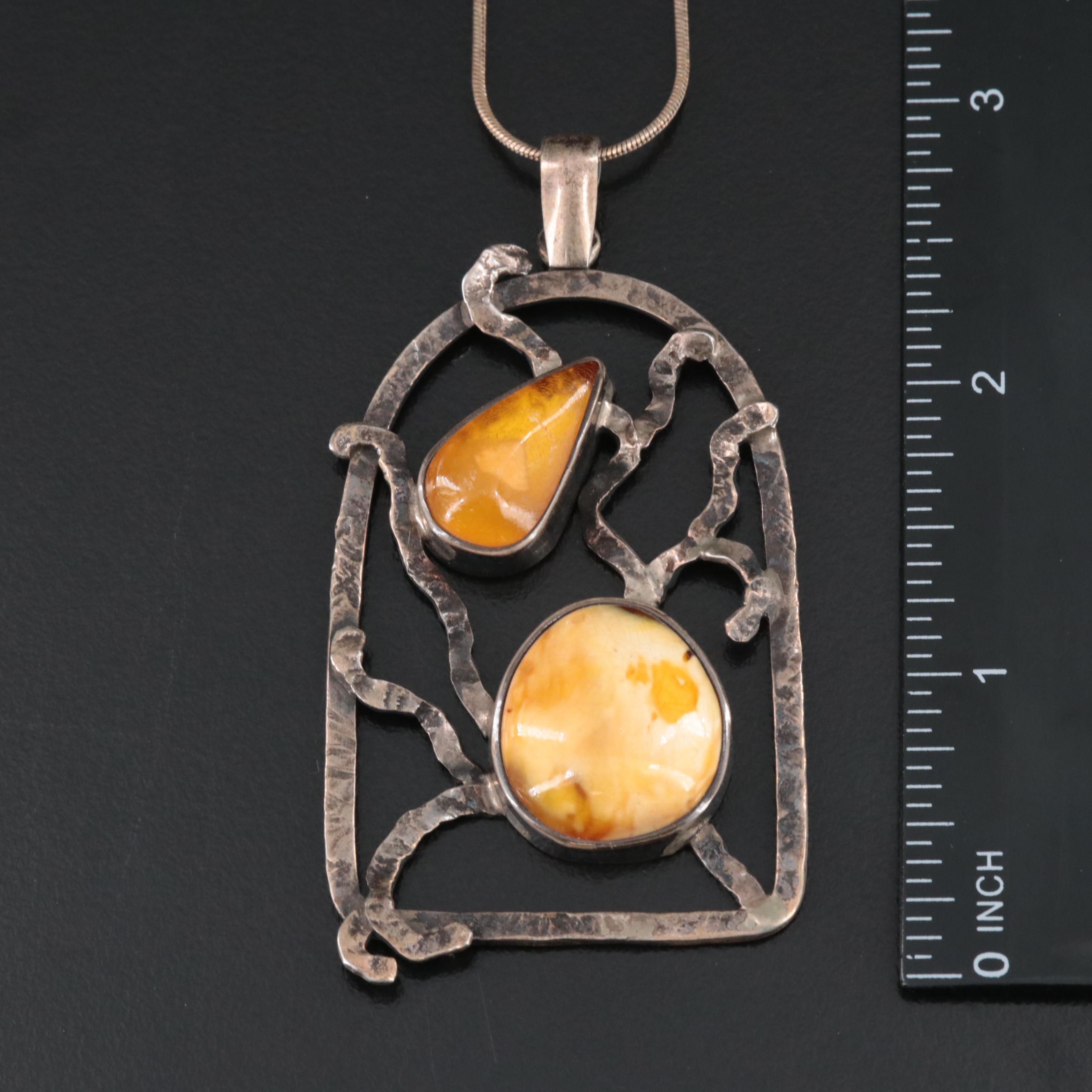 Sterling Pendant, Necklace and Brooches Including Copal and Amber