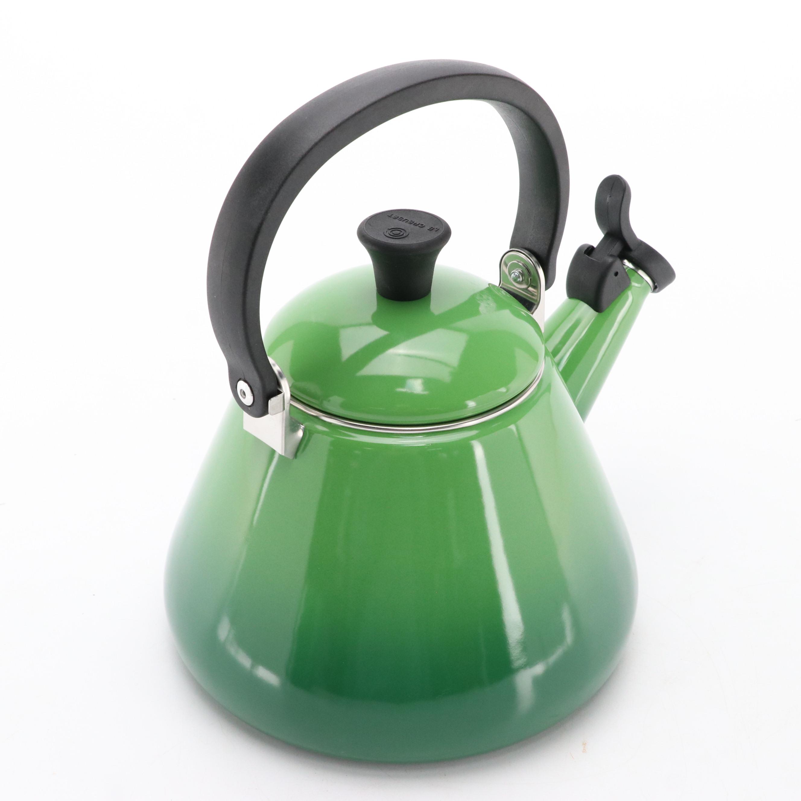 Le Creuset 1.7 QT Kone Bamboo Green Tea Kettle and Coffee Mugs
