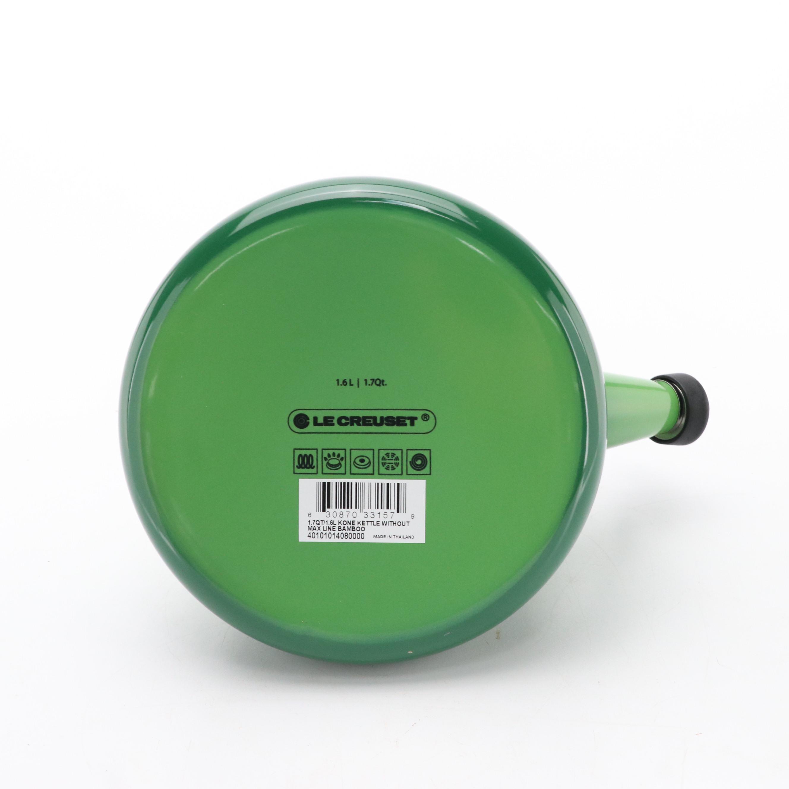 Le Creuset 1.7 QT Kone Bamboo Green Tea Kettle and Coffee Mugs