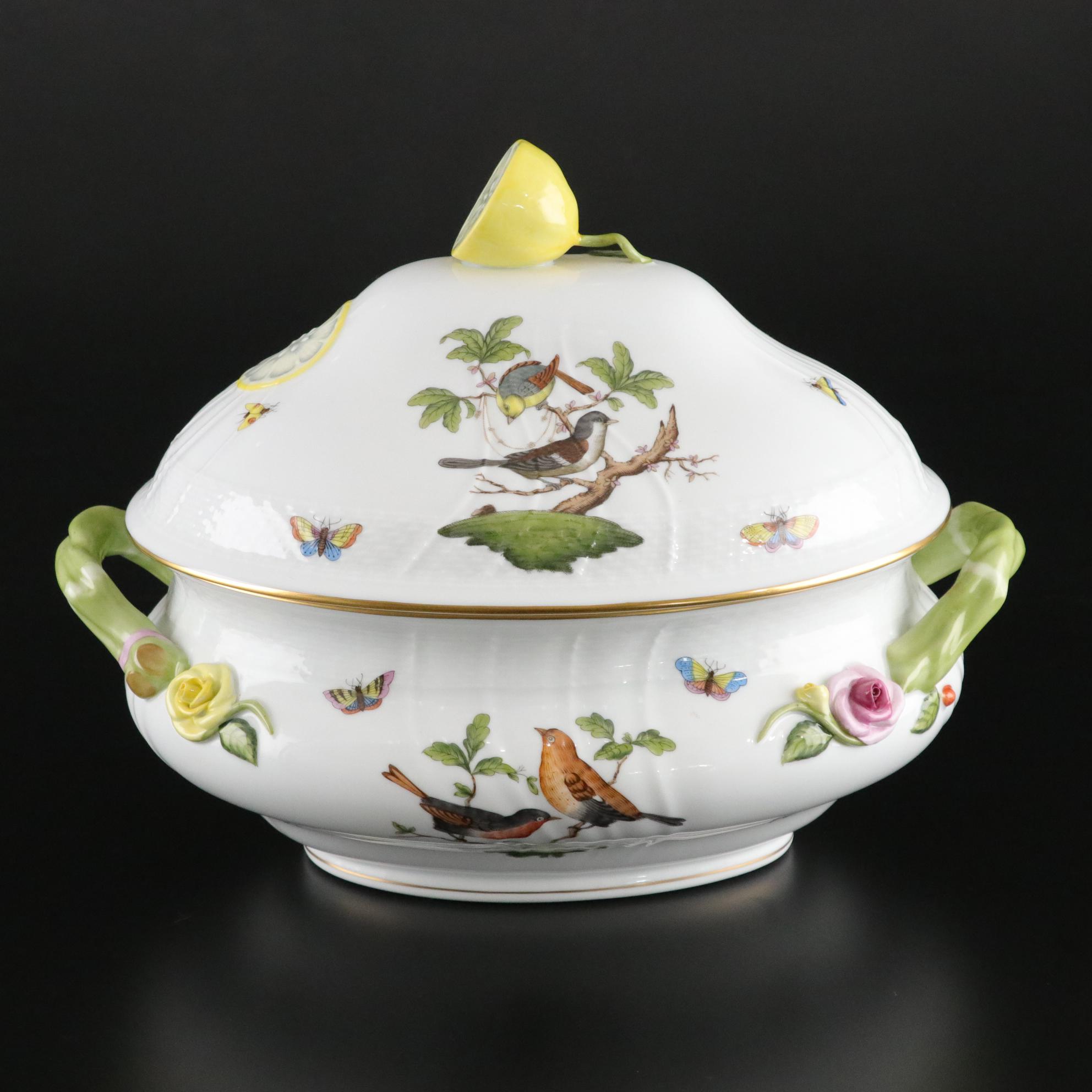 Herend Porcelain "Rothschild Bird" Lidded Oval Soup Tureen with Lemon Finial