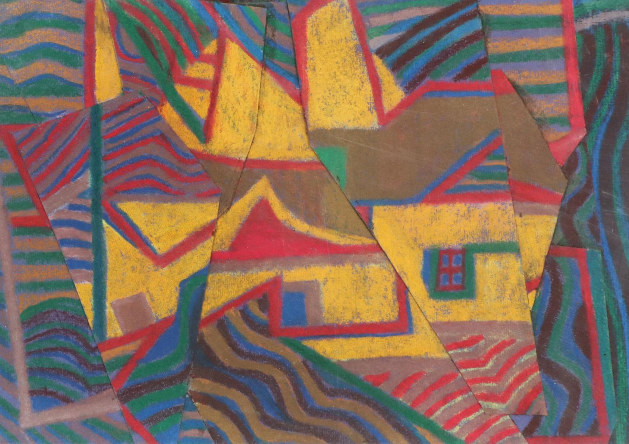 Marc Zimmerman Non-Objective Chalk Pastel Drawing Collage "Yellow Barn Rhapsody"
