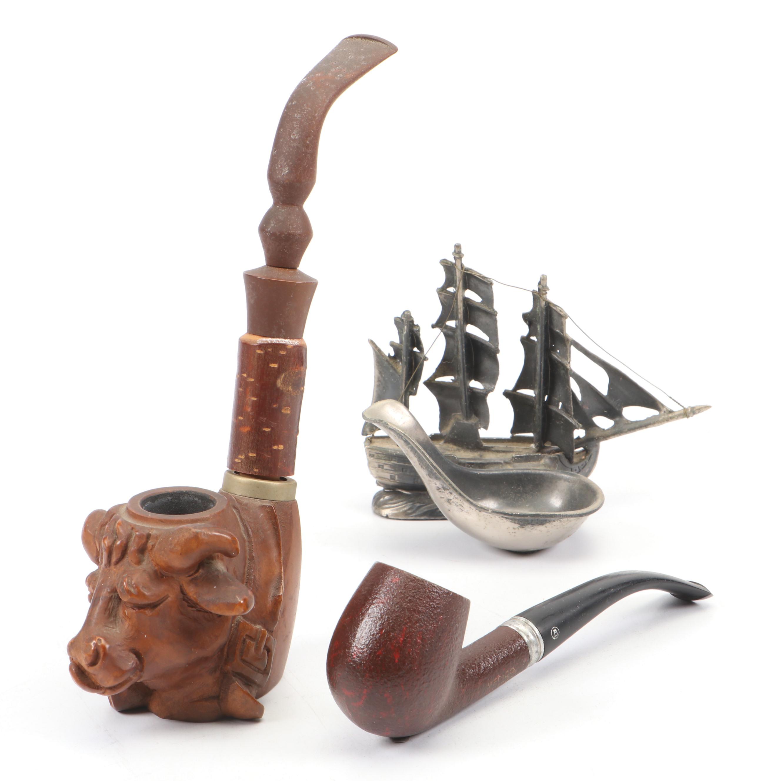 Carved Wood Figural Cow Head Pipe and Dr. Medico Brylon Pipe in Cast Metal Stand