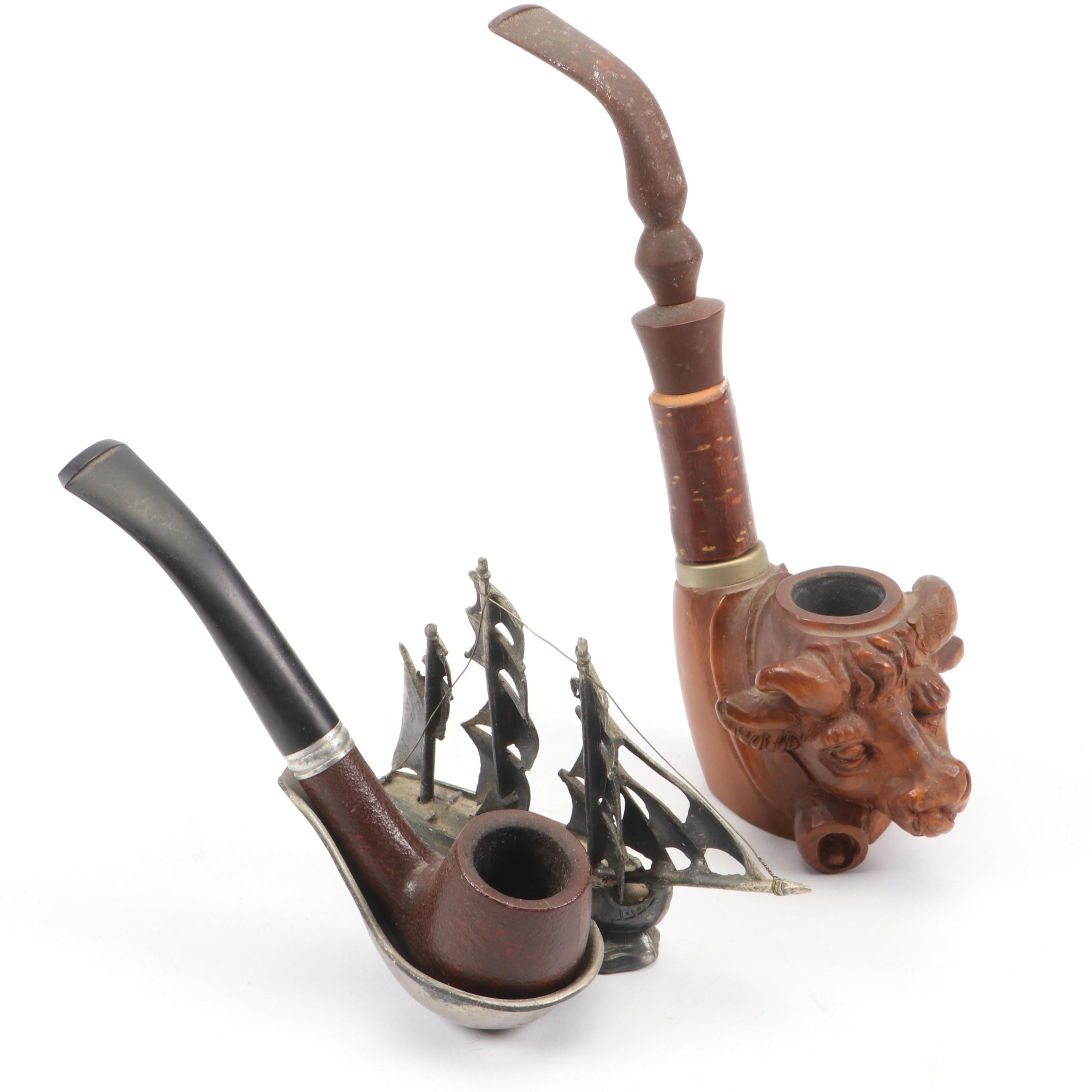 Carved Wood Figural Cow Head Pipe and Dr. Medico Brylon Pipe in Cast Metal Stand