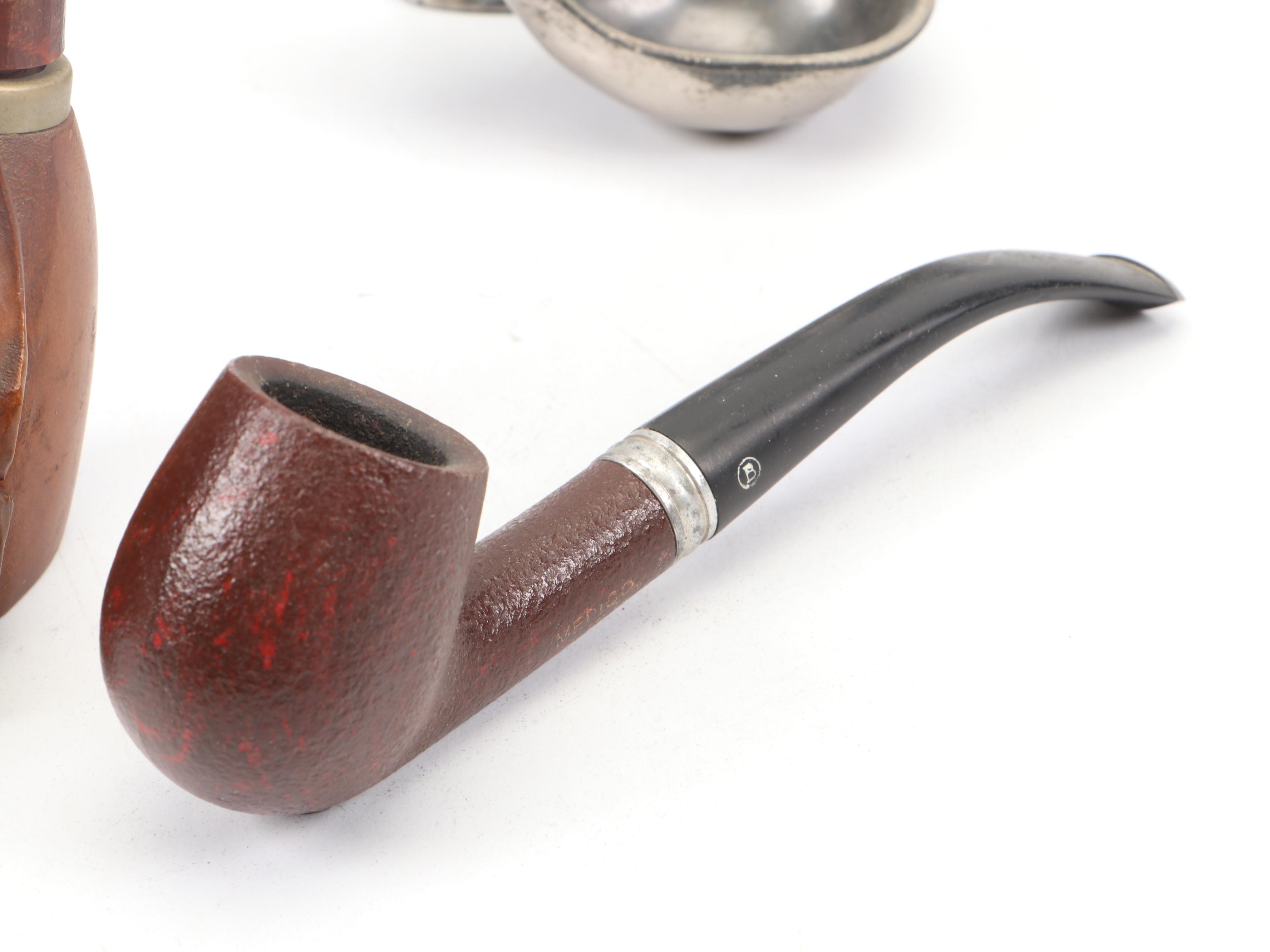 Carved Wood Figural Cow Head Pipe and Dr. Medico Brylon Pipe in Cast Metal Stand