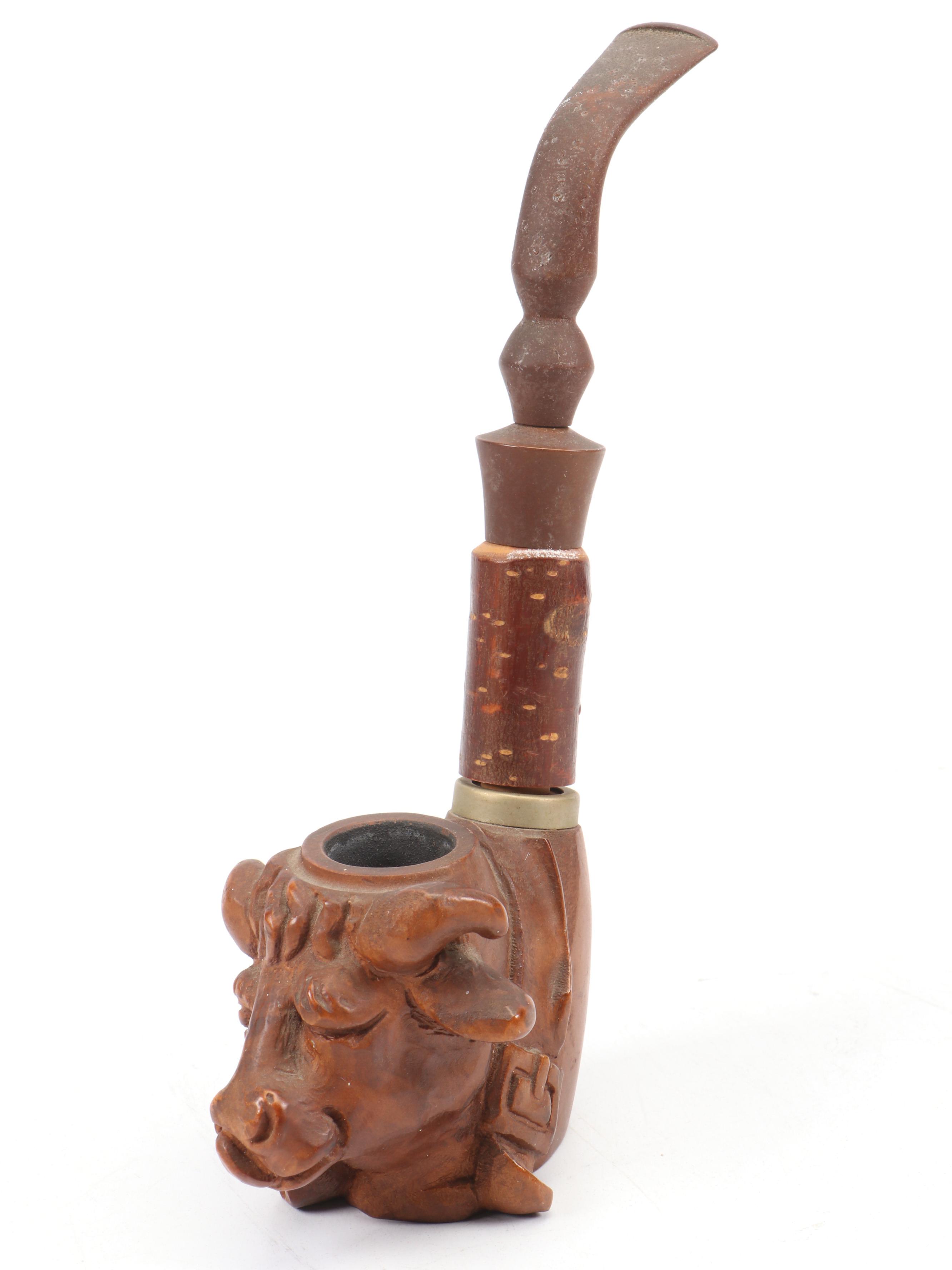 Carved Wood Figural Cow Head Pipe and Dr. Medico Brylon Pipe in Cast Metal Stand