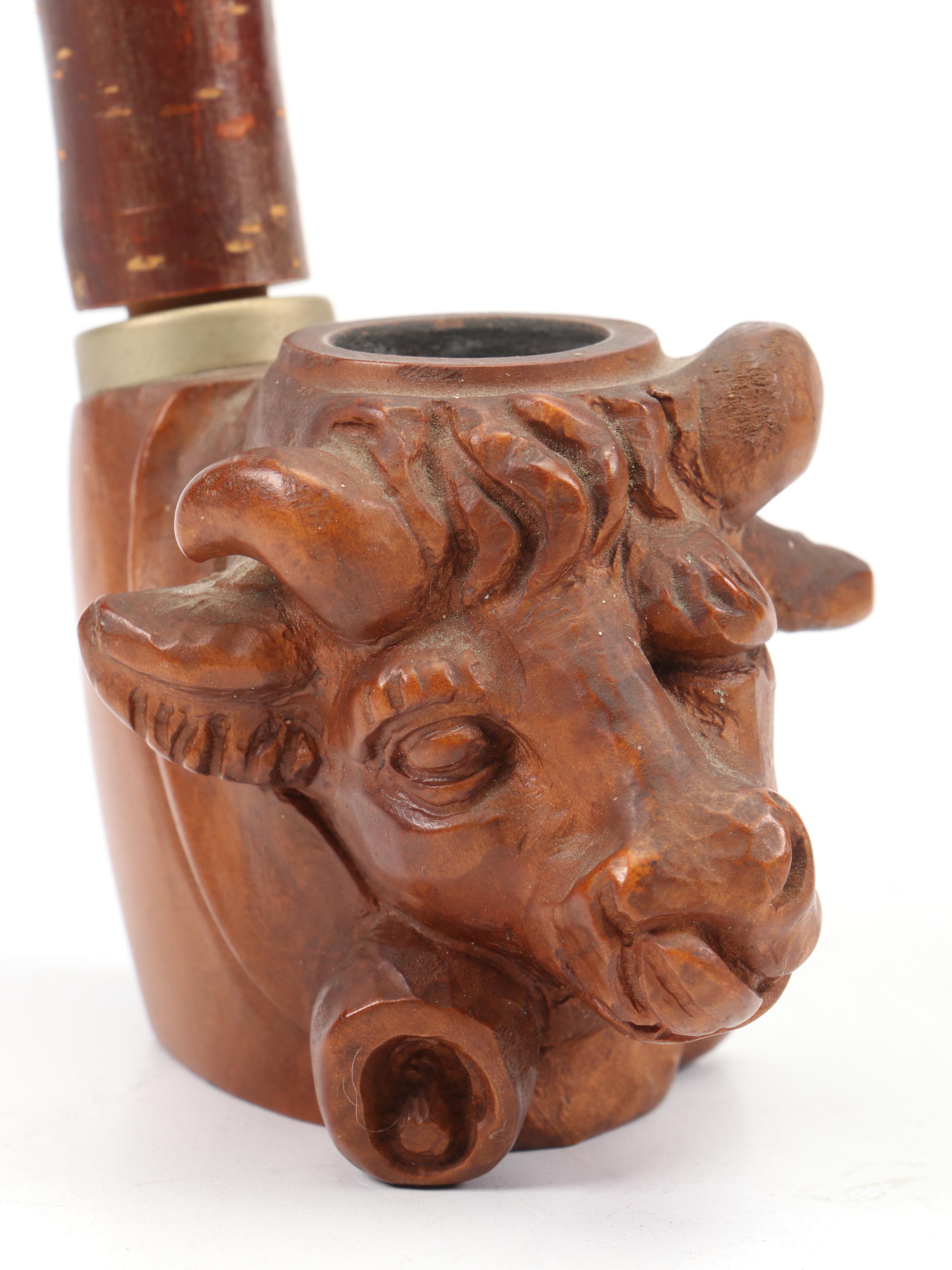 Carved Wood Figural Cow Head Pipe and Dr. Medico Brylon Pipe in Cast Metal Stand