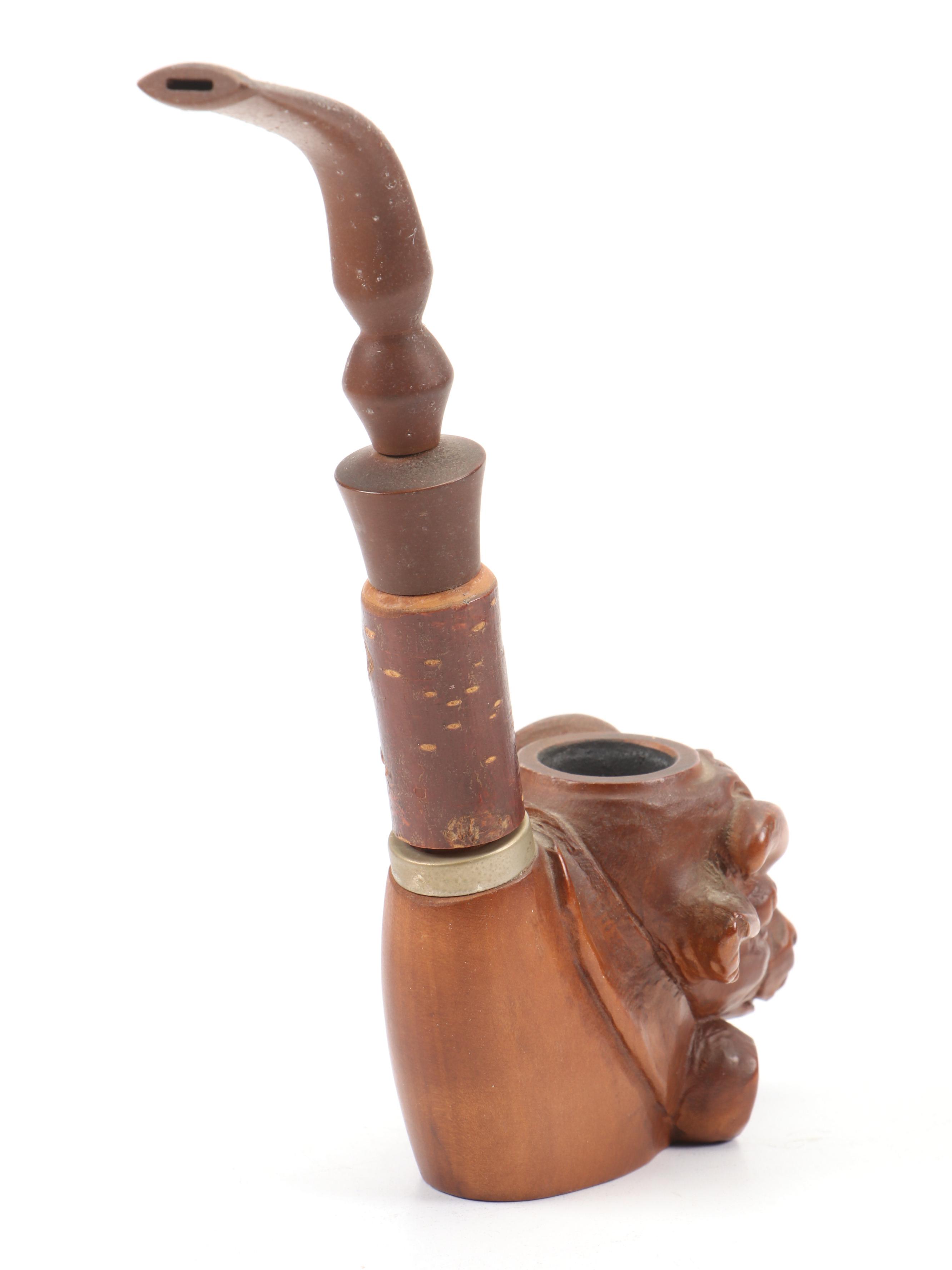 Carved Wood Figural Cow Head Pipe and Dr. Medico Brylon Pipe in Cast Metal Stand