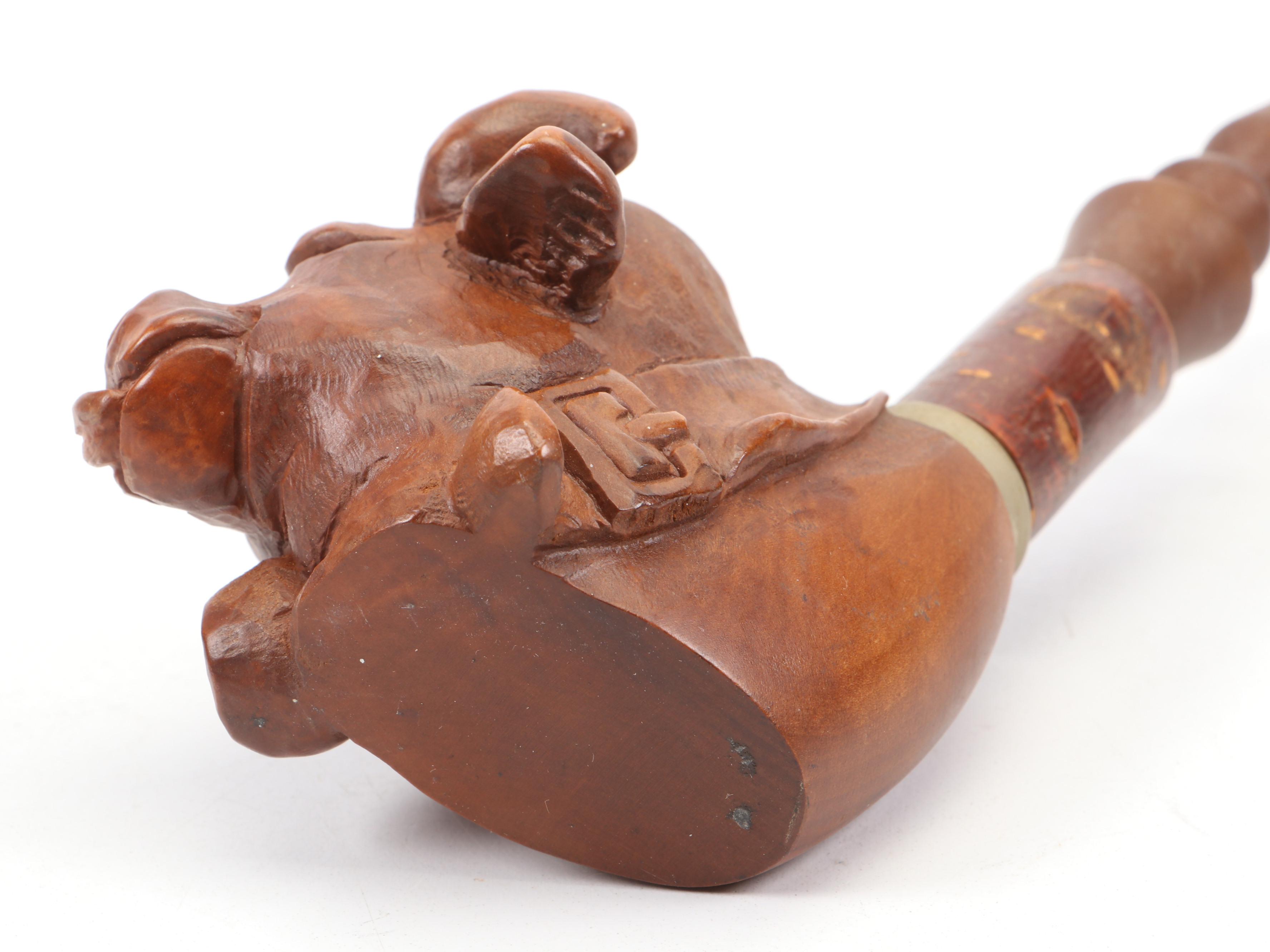 Carved Wood Figural Cow Head Pipe and Dr. Medico Brylon Pipe in Cast Metal Stand