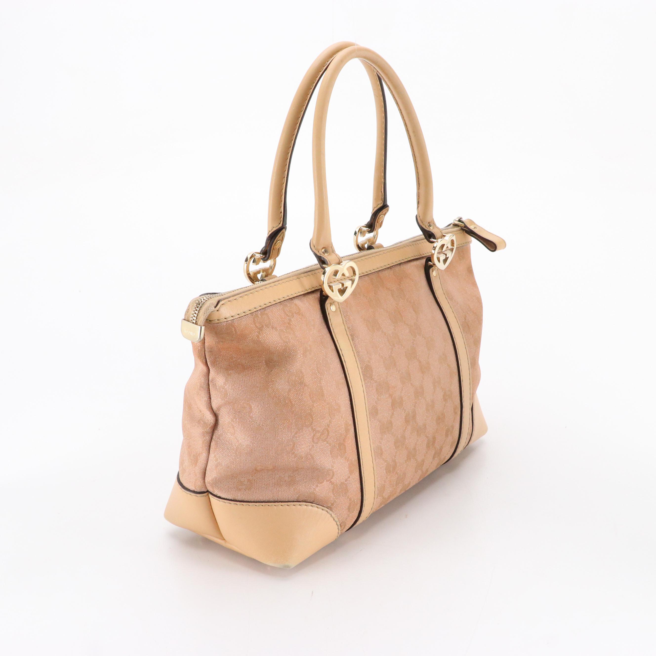 Gucci Lovely Heart Shoulder Tote in Rose Gold Metallic GG Canvas & Leather Trim
