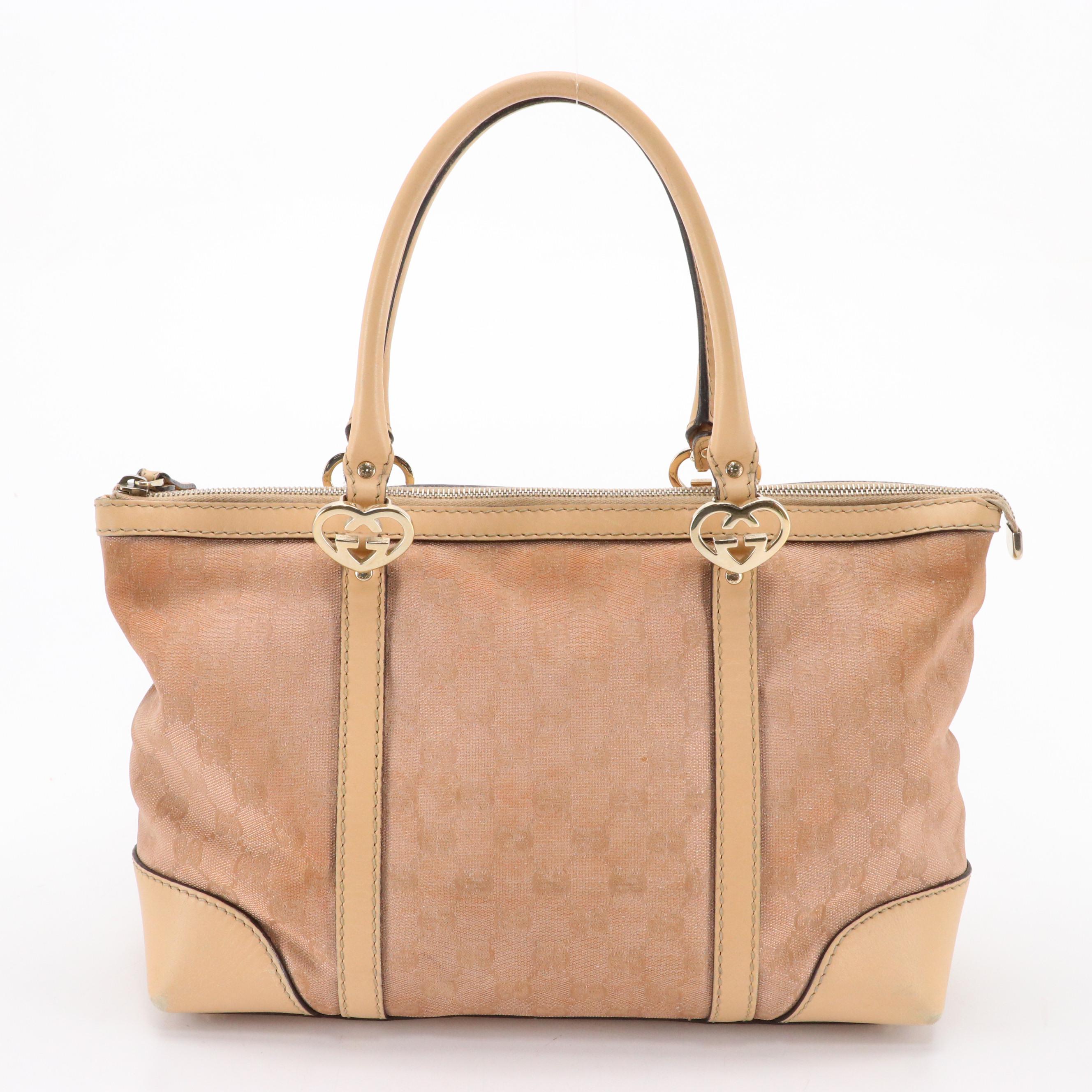 Gucci Lovely Heart Shoulder Tote in Rose Gold Metallic GG Canvas & Leather Trim