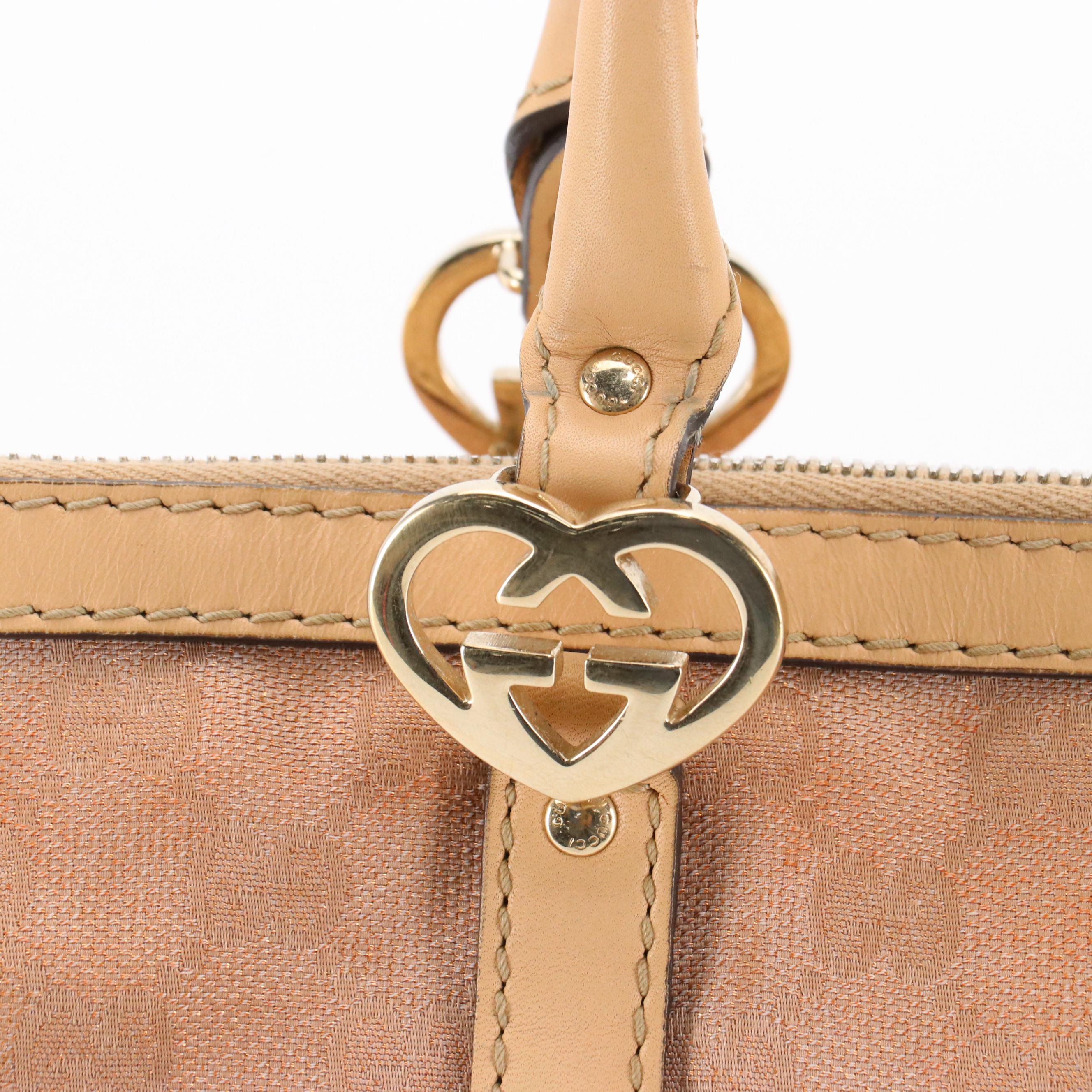 Gucci Lovely Heart Shoulder Tote in Rose Gold Metallic GG Canvas & Leather Trim