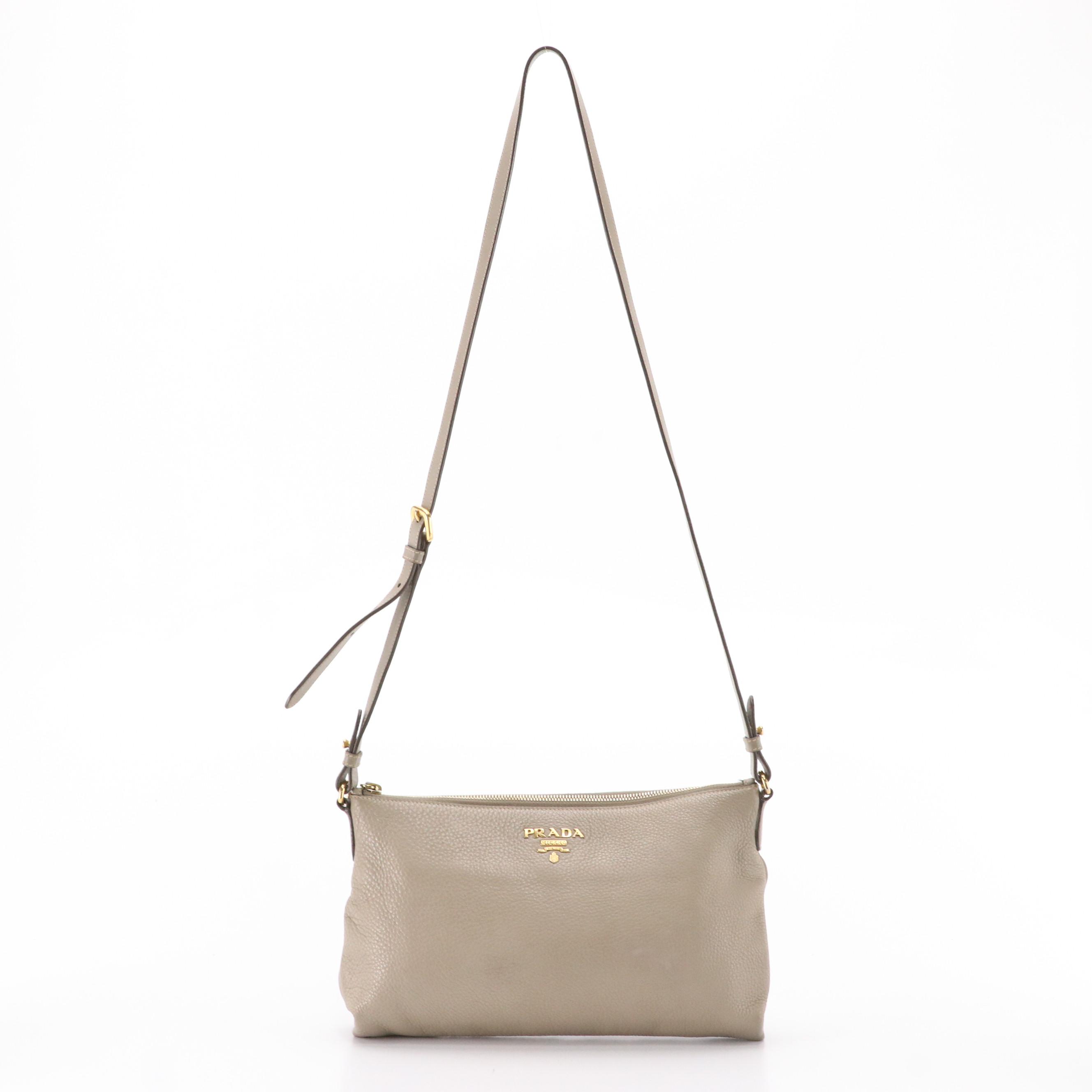 Prada Zippered Crossbody Bag in Taupe Pebble Grained Leather