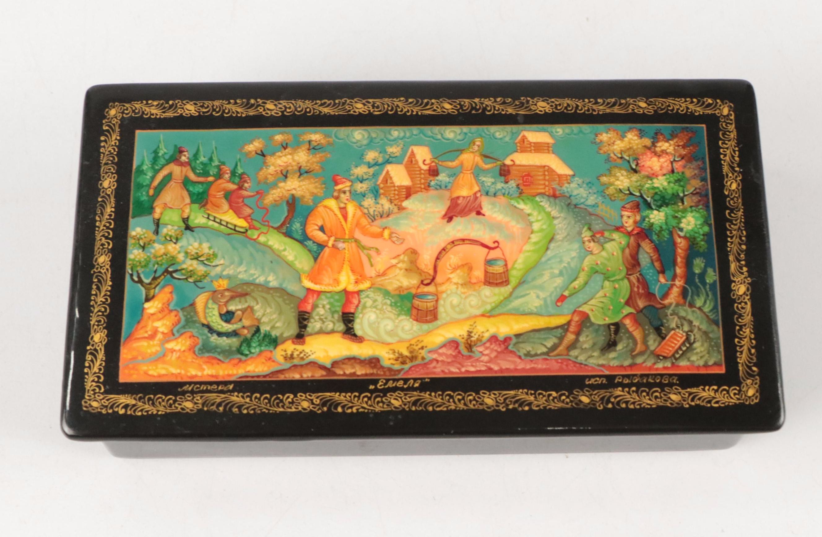Russian Mstera Handcrafted Lacquer Box with Other Russian Lacquer Boxes
