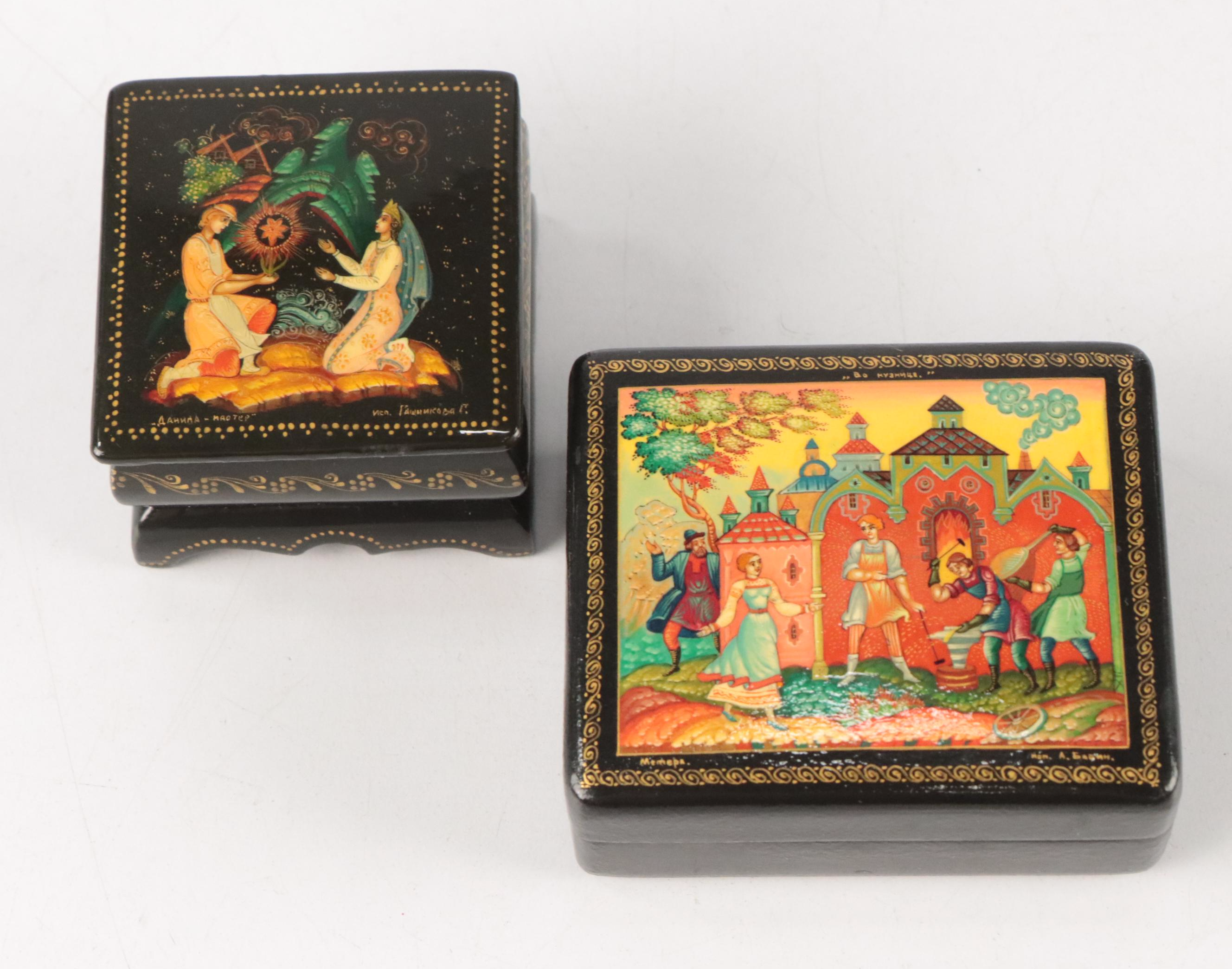 Russian Mstera Handcrafted Lacquer Box with Other Russian Lacquer Boxes