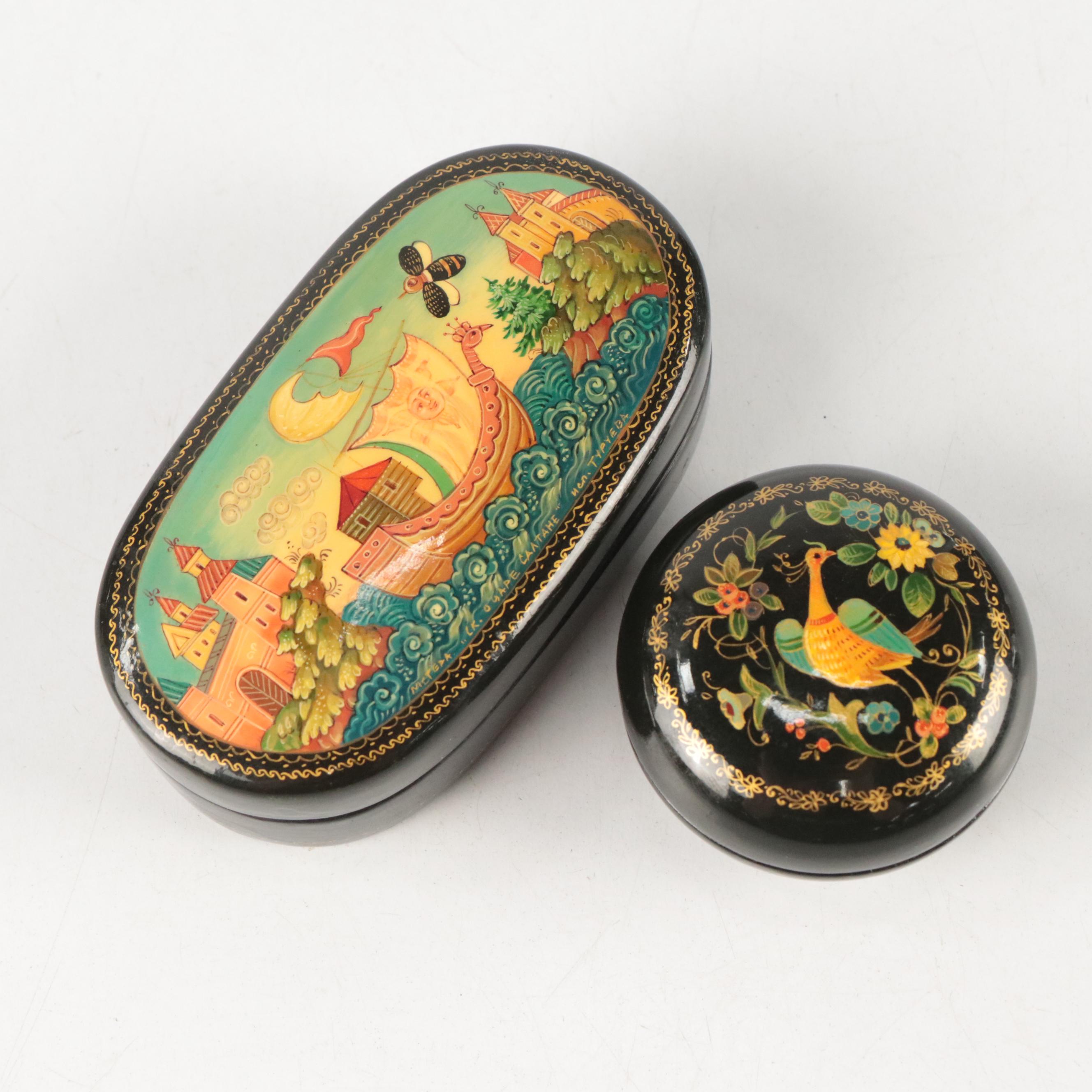 Russian Mstera Handcrafted Lacquer Box with Other Russian Lacquer Boxes