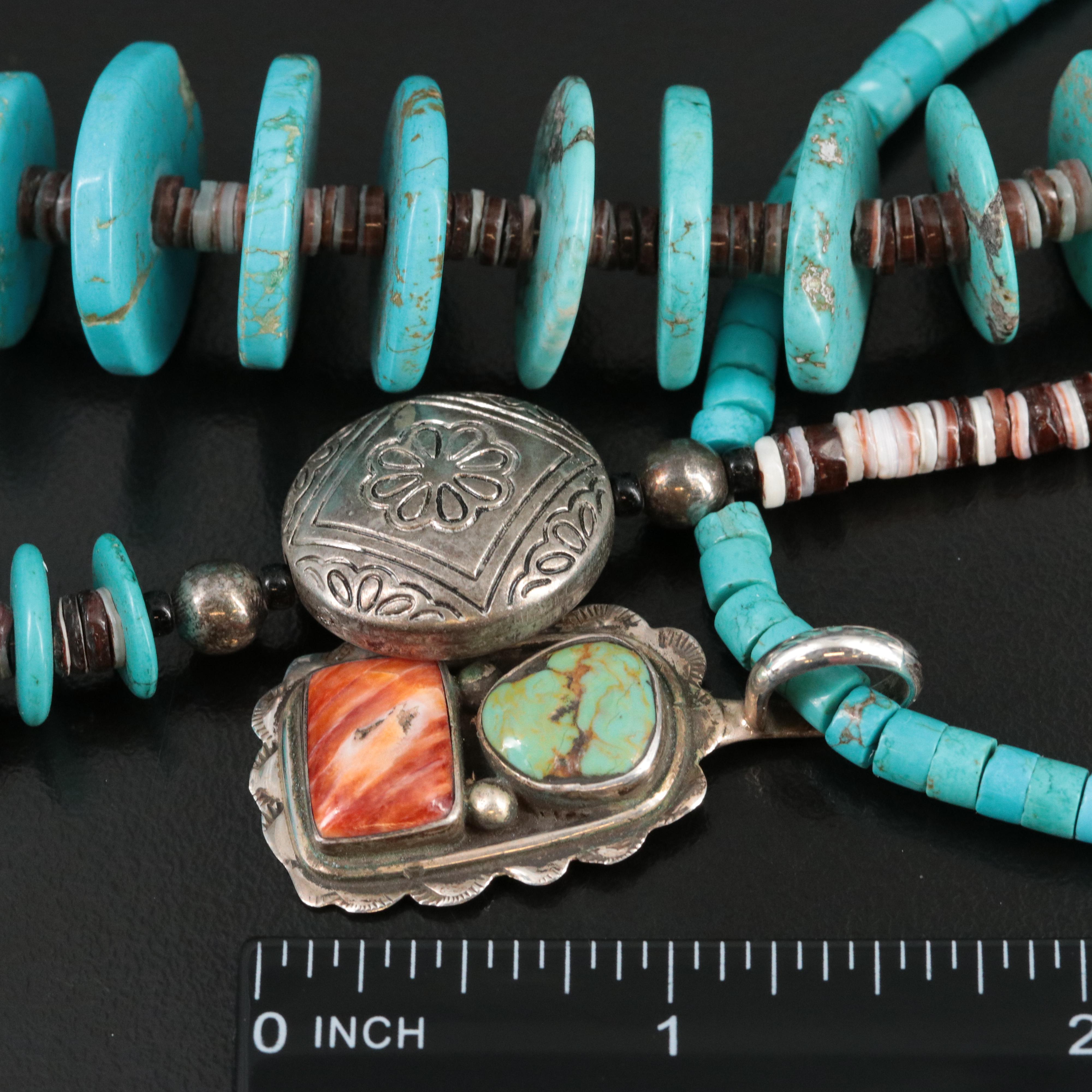 Southwestern Sterling Signed Pendant & Necklaces Including Spiny Oyster