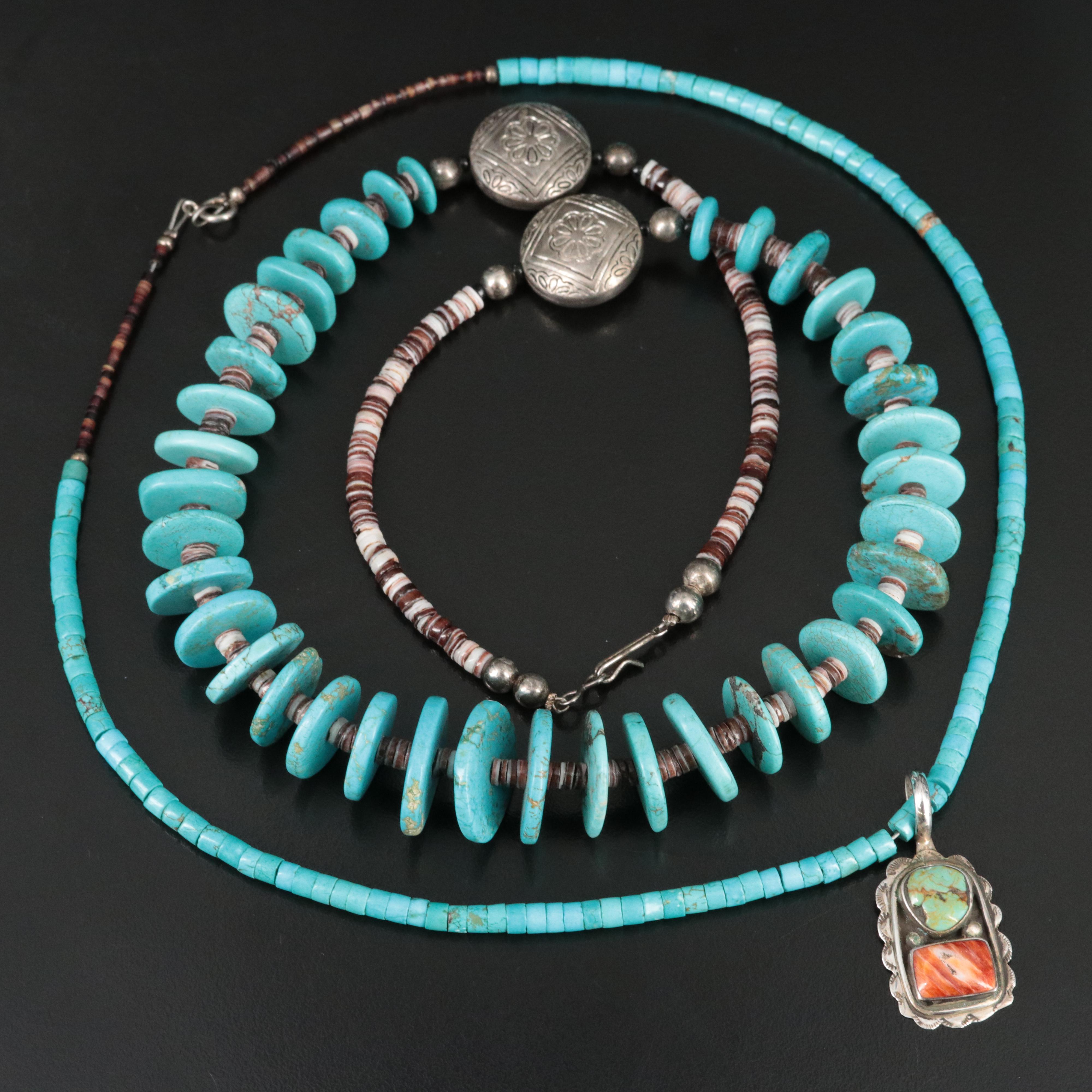 Southwestern Sterling Signed Pendant & Necklaces Including Spiny Oyster