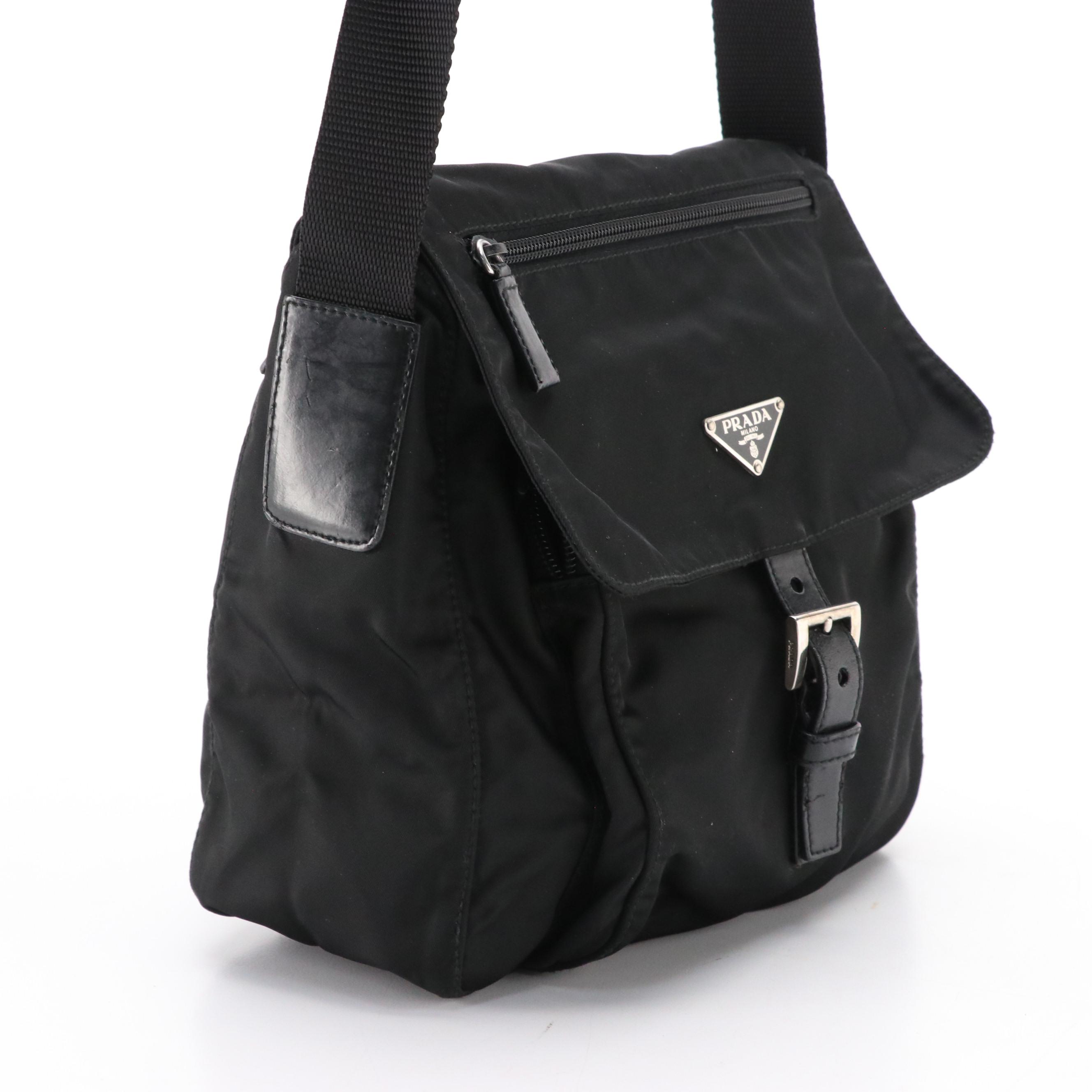Prada Black Tessuto Nylon Front-Flap Crossbody Bag with Leather Trim