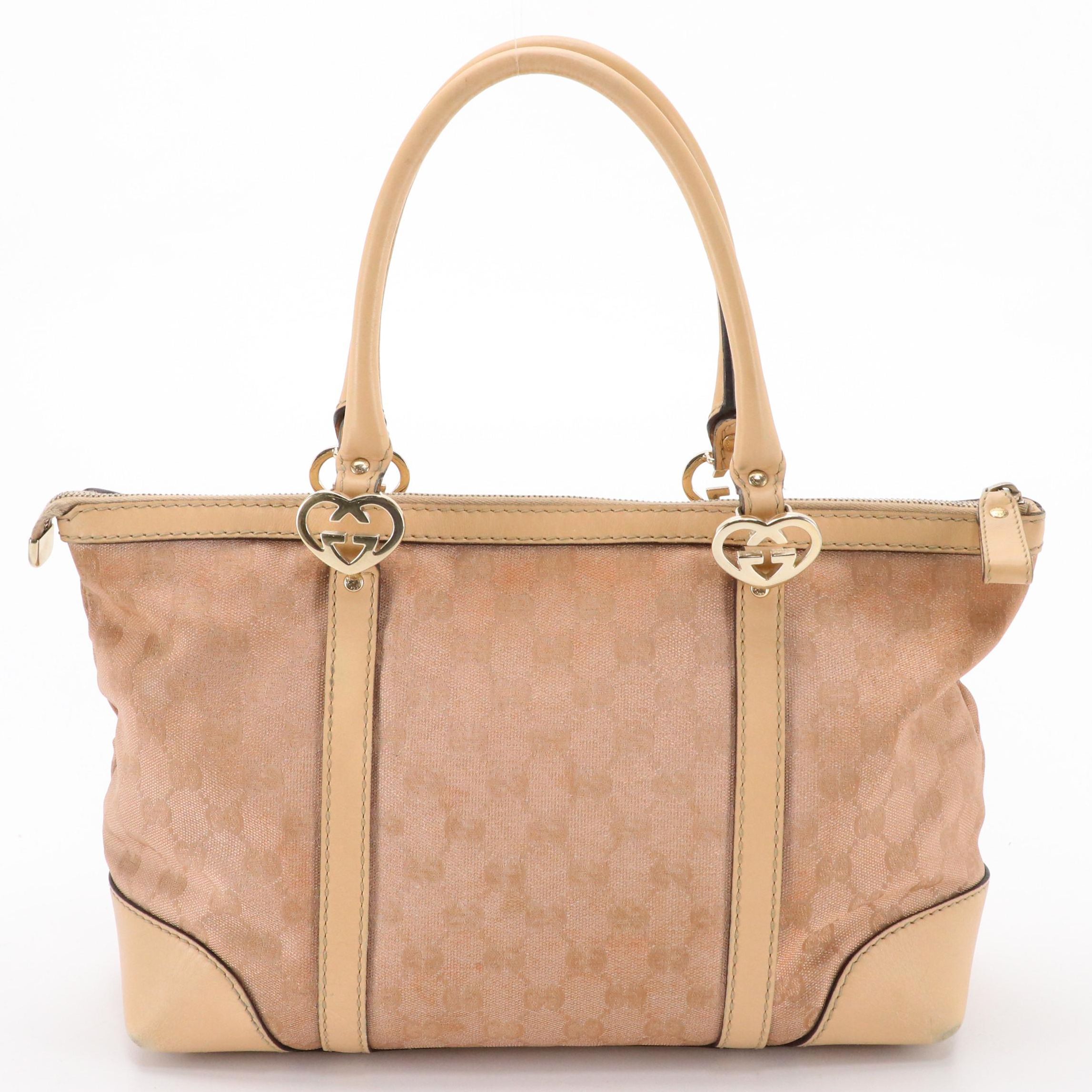 Gucci Lovely Heart Shoulder Tote in Rose Gold Metallic GG Canvas & Leather Trim
