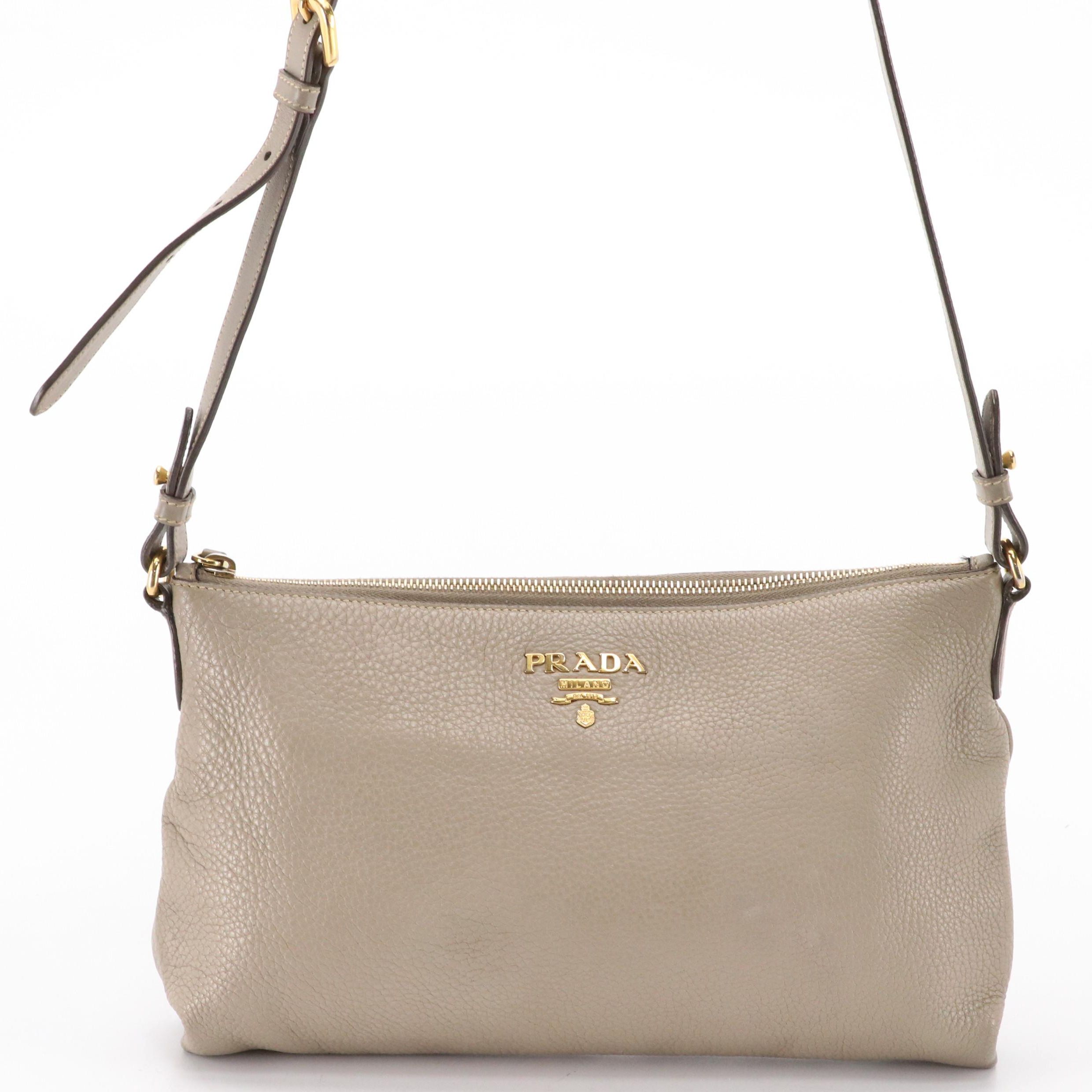 Prada Zippered Crossbody Bag in Taupe Pebble Grained Leather