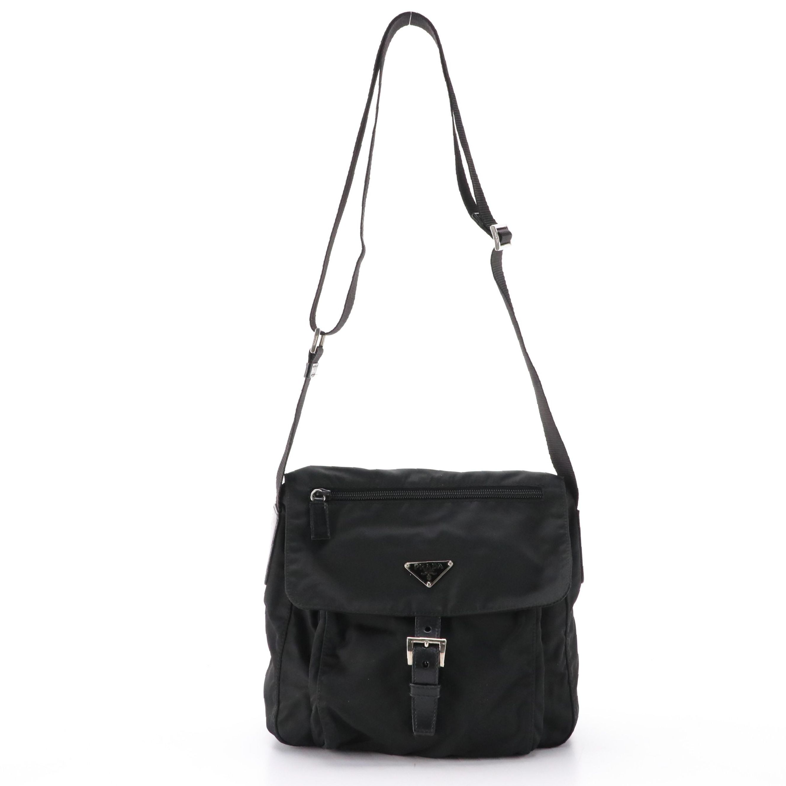 Prada Black Tessuto Nylon Front-Flap Crossbody Bag with Leather Trim