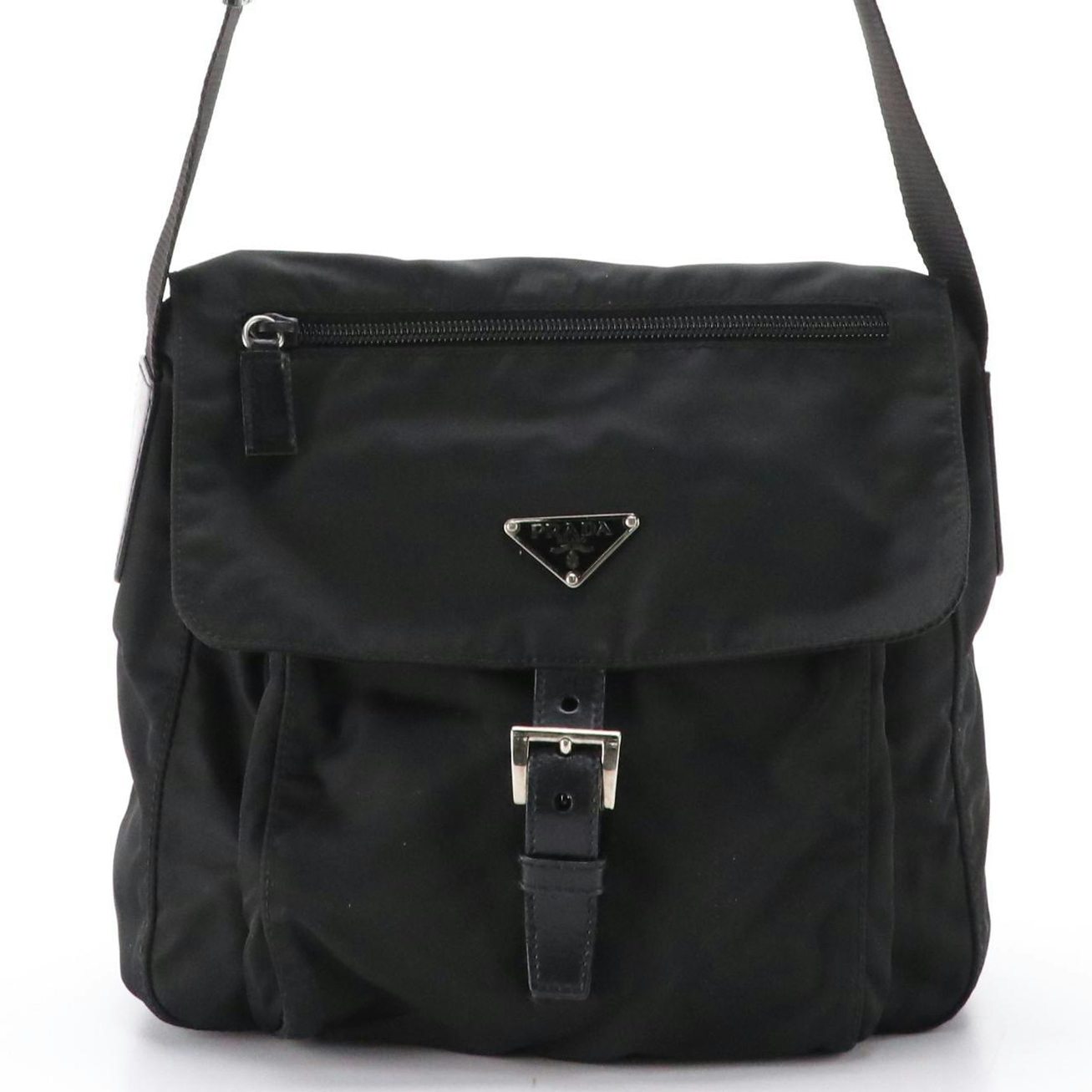 Prada Black Tessuto Nylon Front-Flap Crossbody Bag with Leather Trim