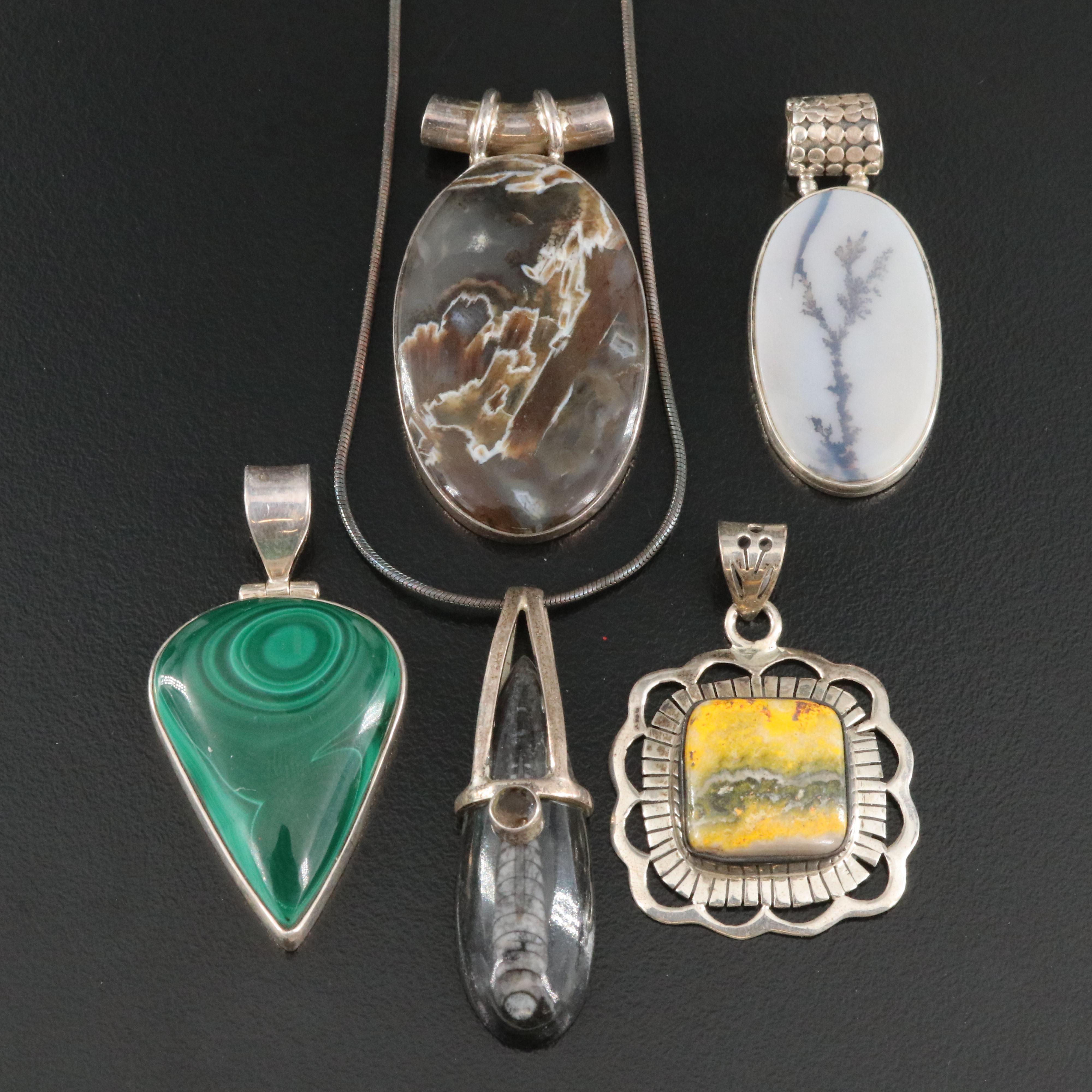Sterling Agate, Malachite and Smoky Quartz Pendants and Necklace
