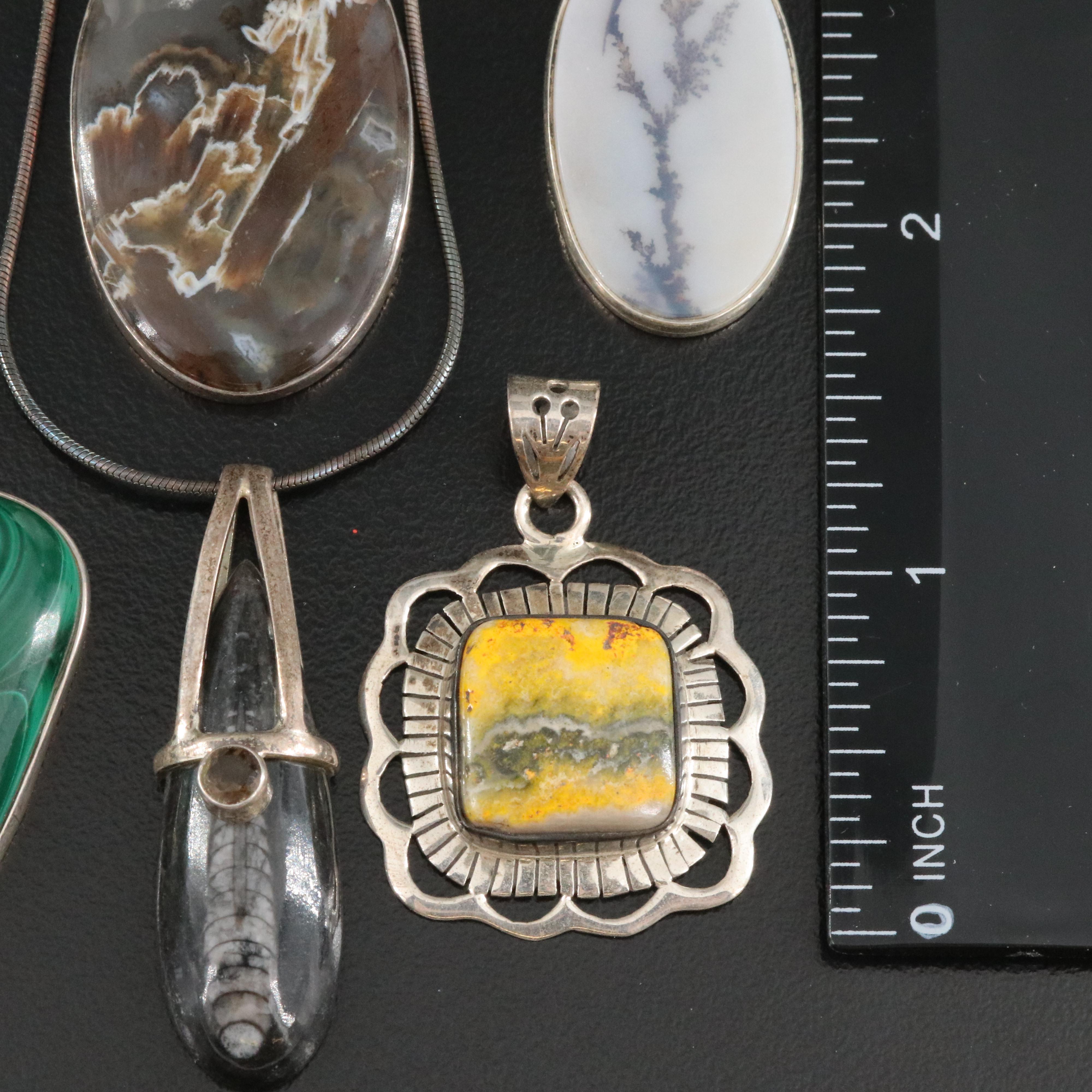 Sterling Agate, Malachite and Smoky Quartz Pendants and Necklace