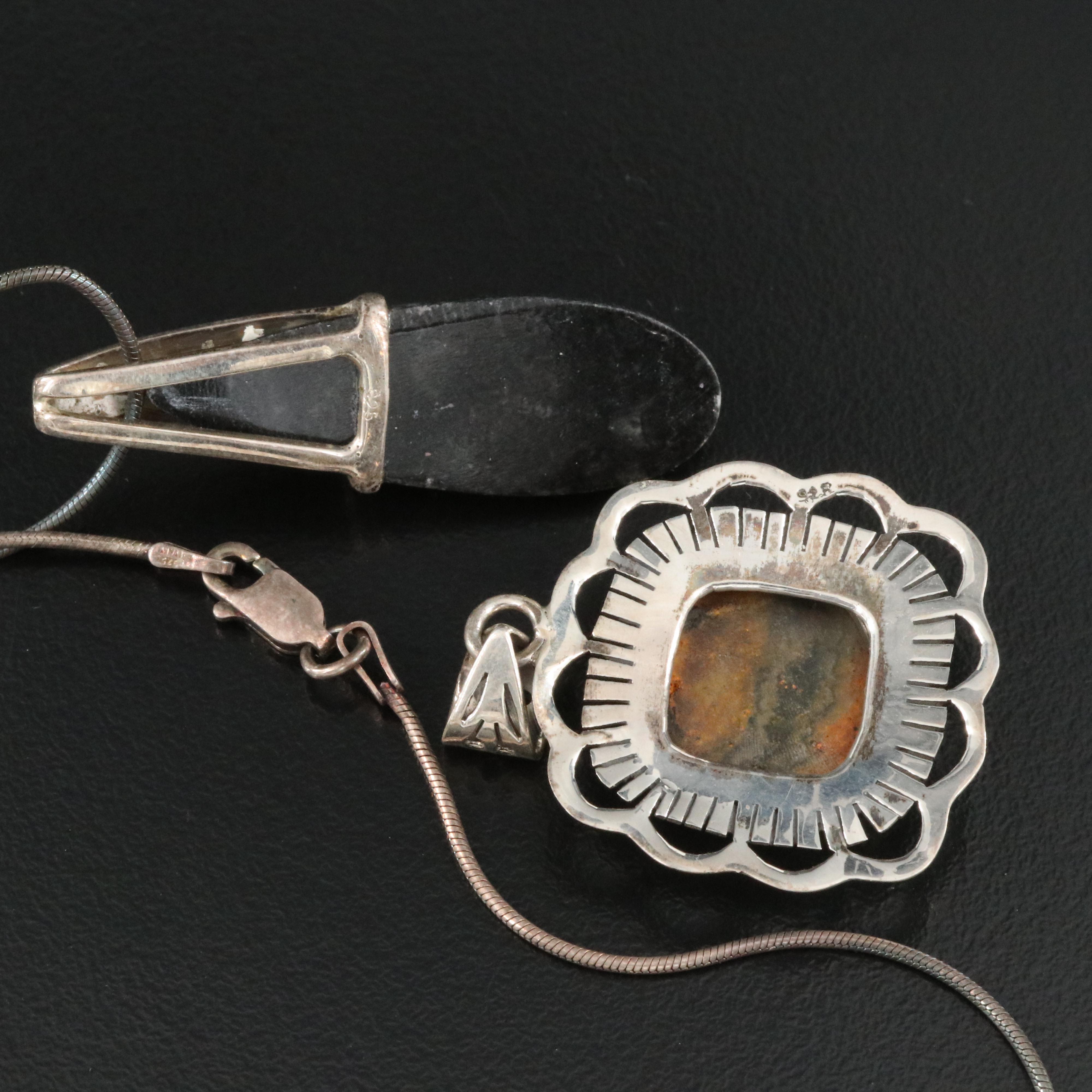 Sterling Agate, Malachite and Smoky Quartz Pendants and Necklace