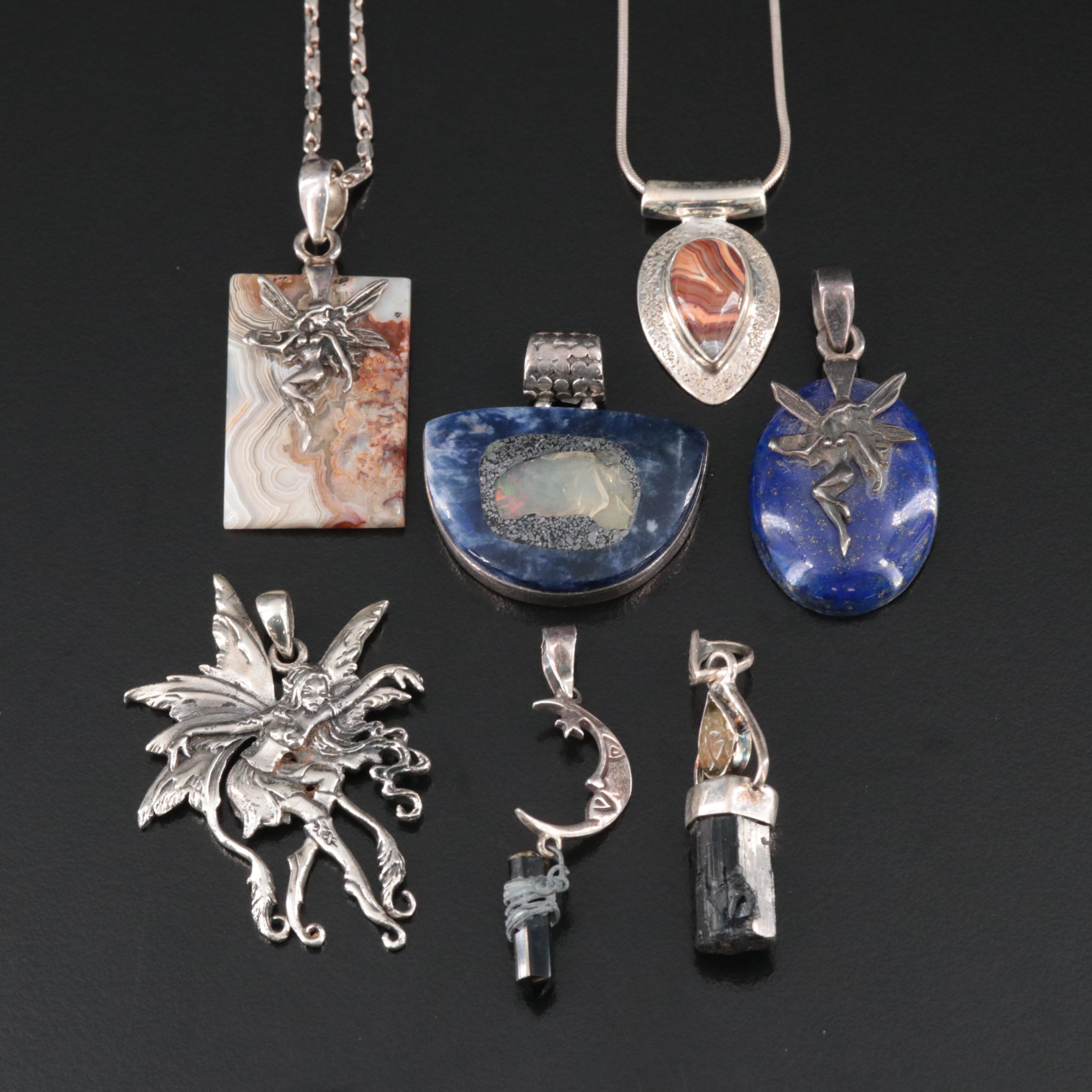 Sterling Pendants and Necklaces Including Schorl, Agate and Fairies