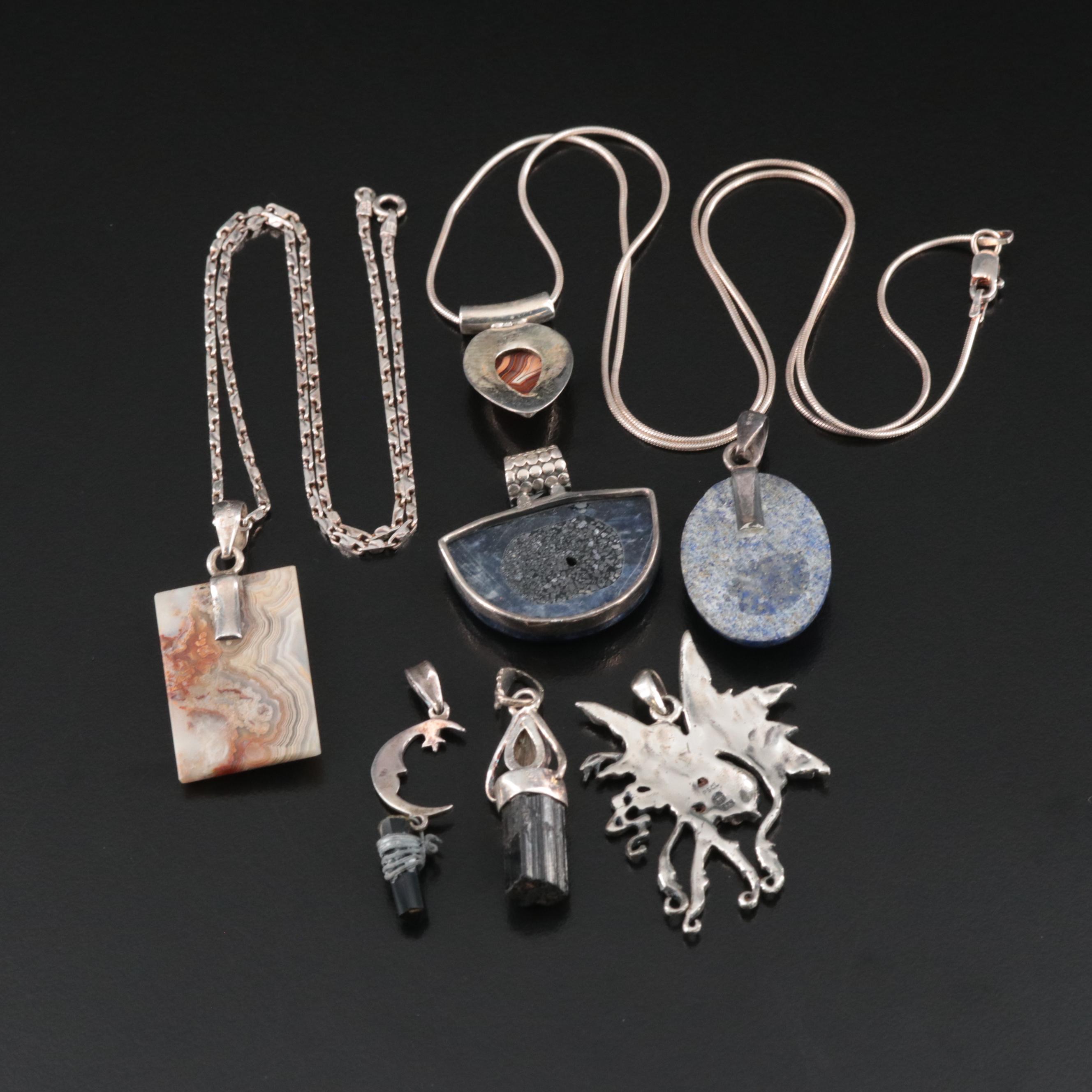 Sterling Pendants and Necklaces Including Schorl, Agate and Fairies