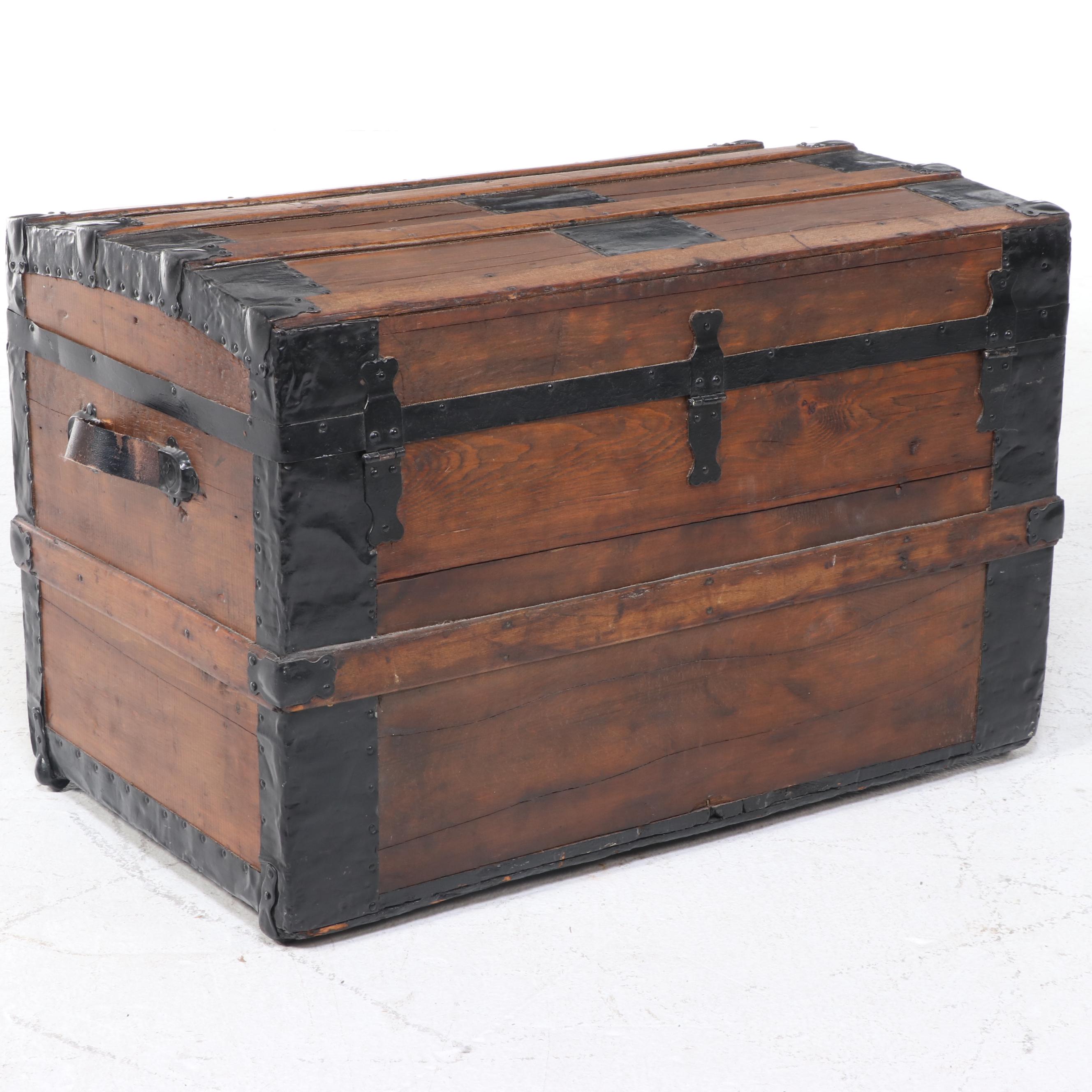 Late Victorian Metal-Bound and Slatted Wood Steamer Trunk