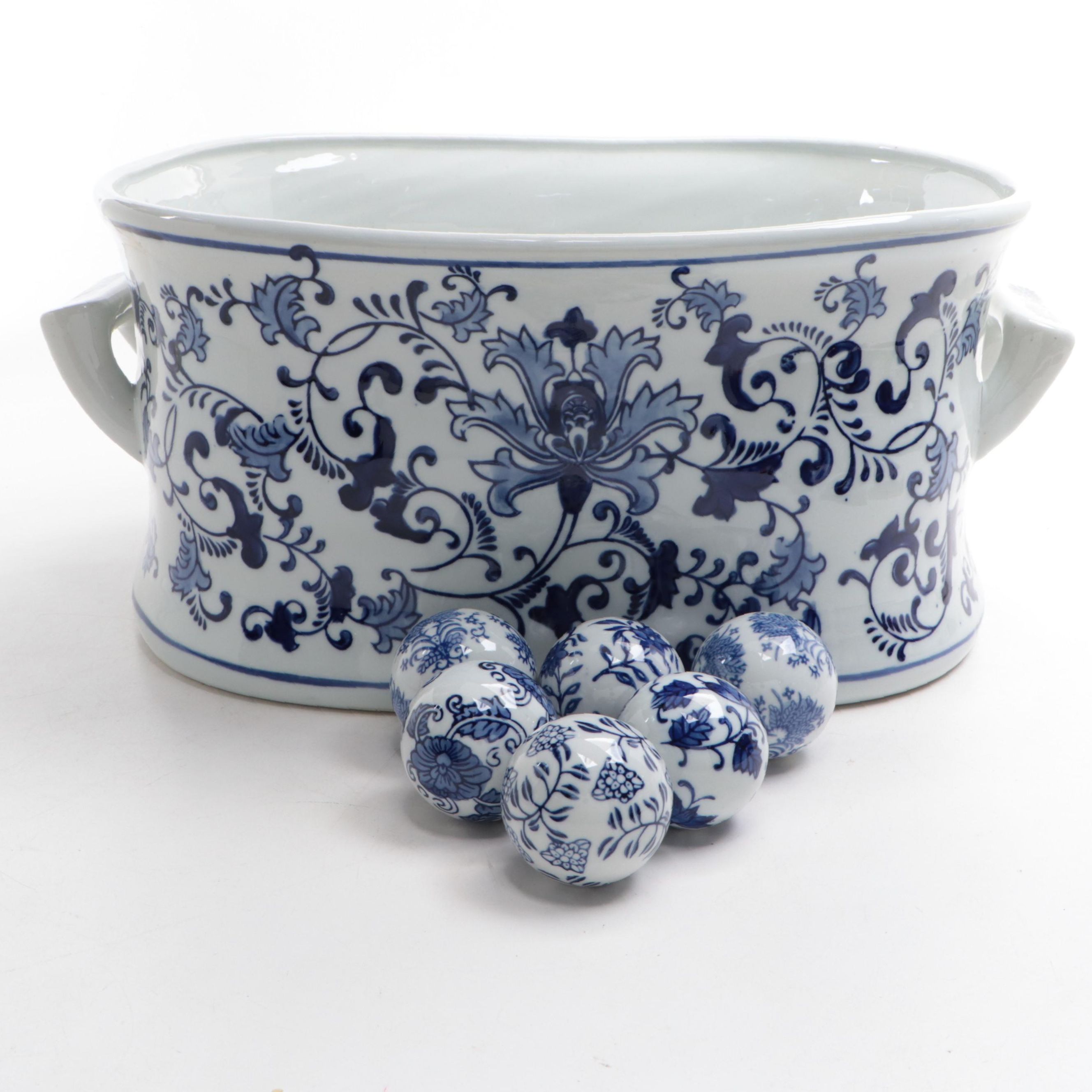 Blue and White Porcelain Foot Bath Planter and Carpet Balls