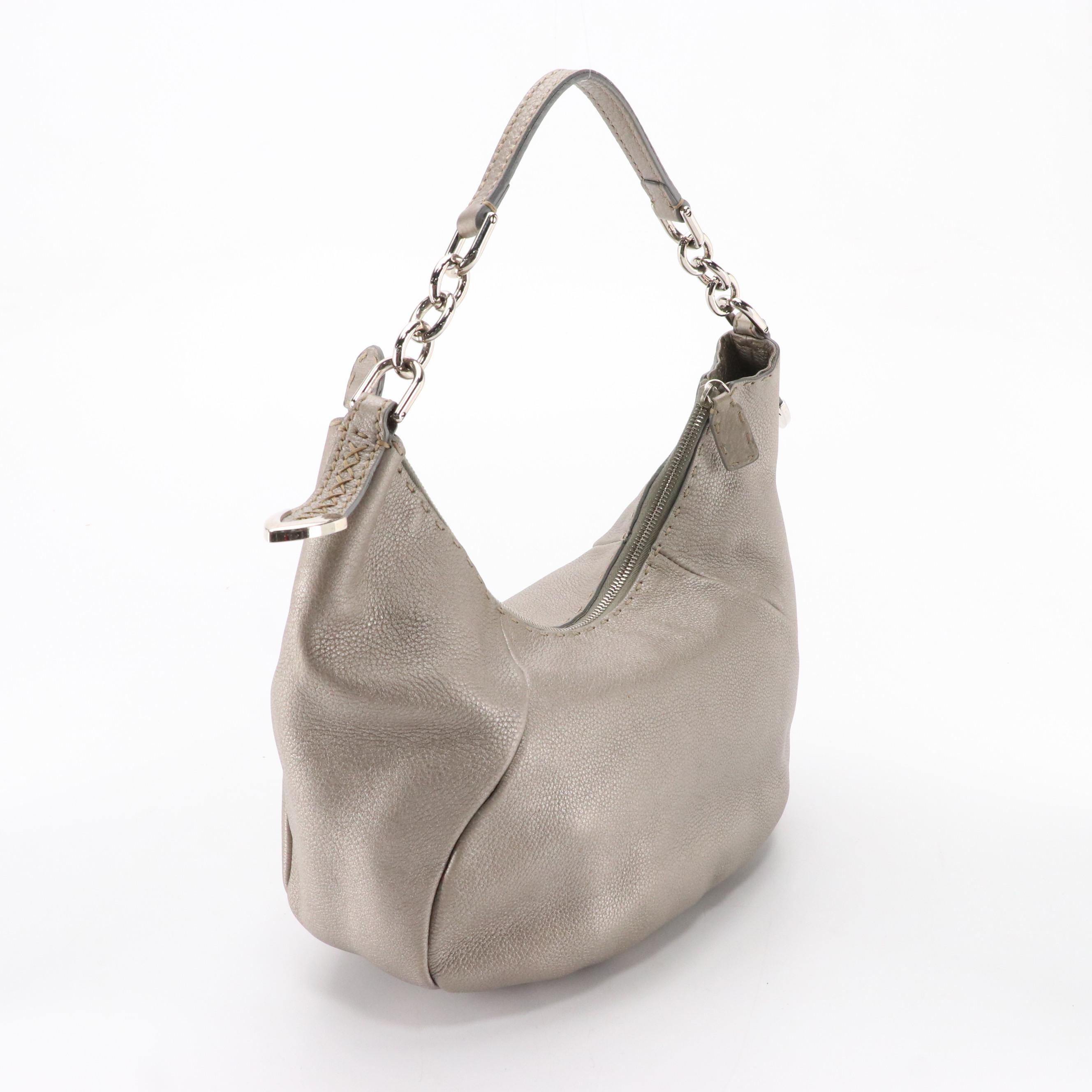 Fendi Selleria Metallic Grey Pebbled Leather Hobo Bag