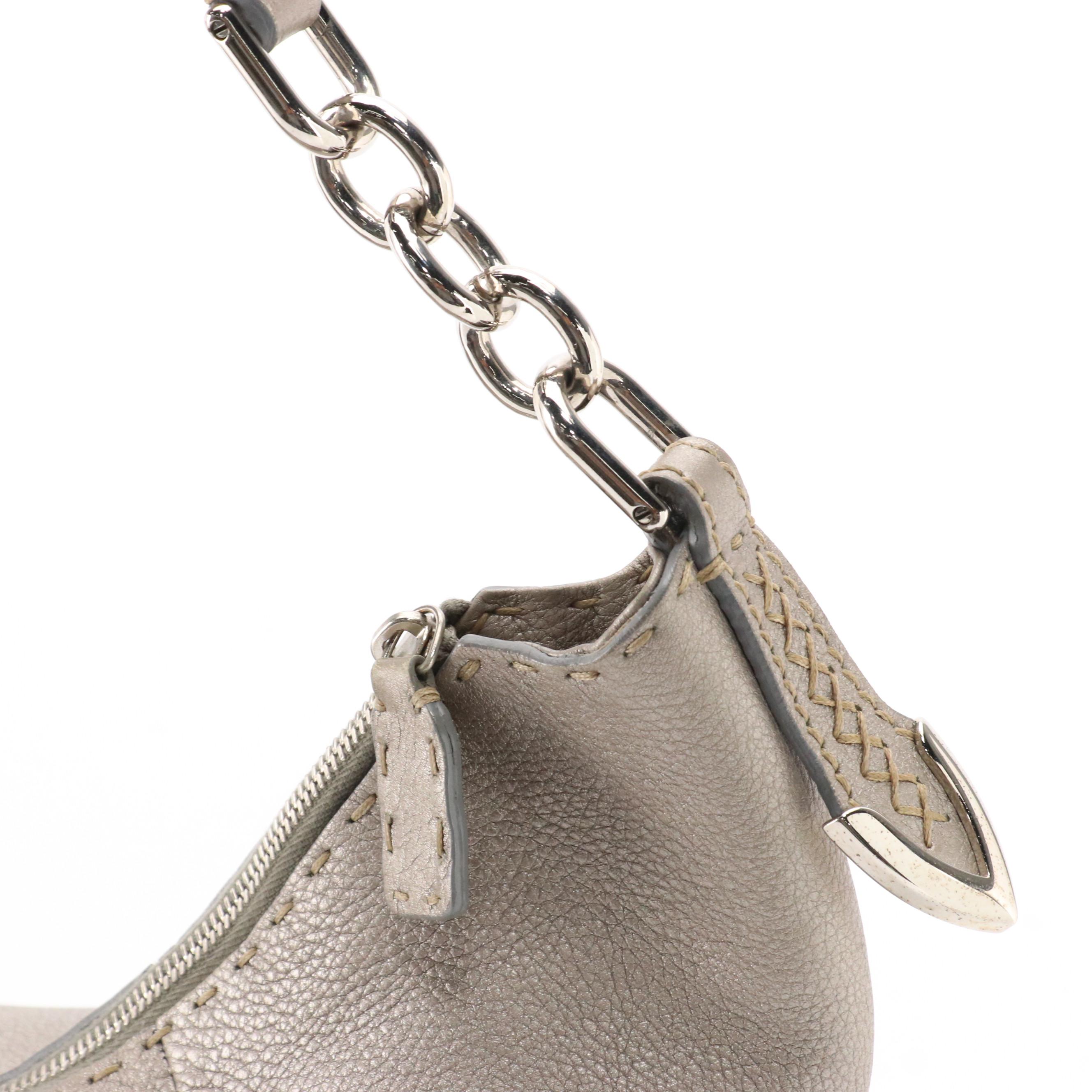 Fendi Selleria Metallic Grey Pebbled Leather Hobo Bag