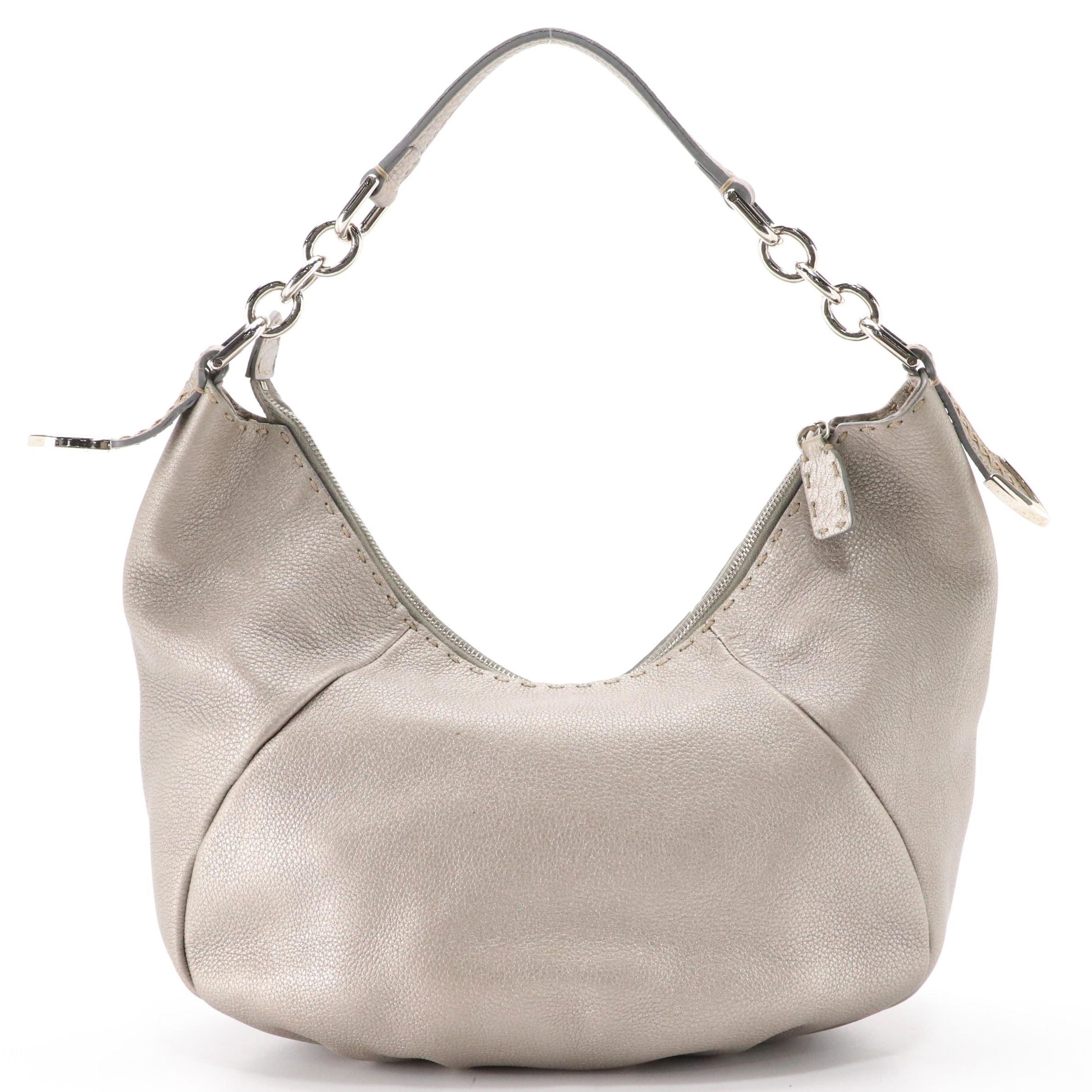 Fendi Selleria Metallic Grey Pebbled Leather Hobo Bag