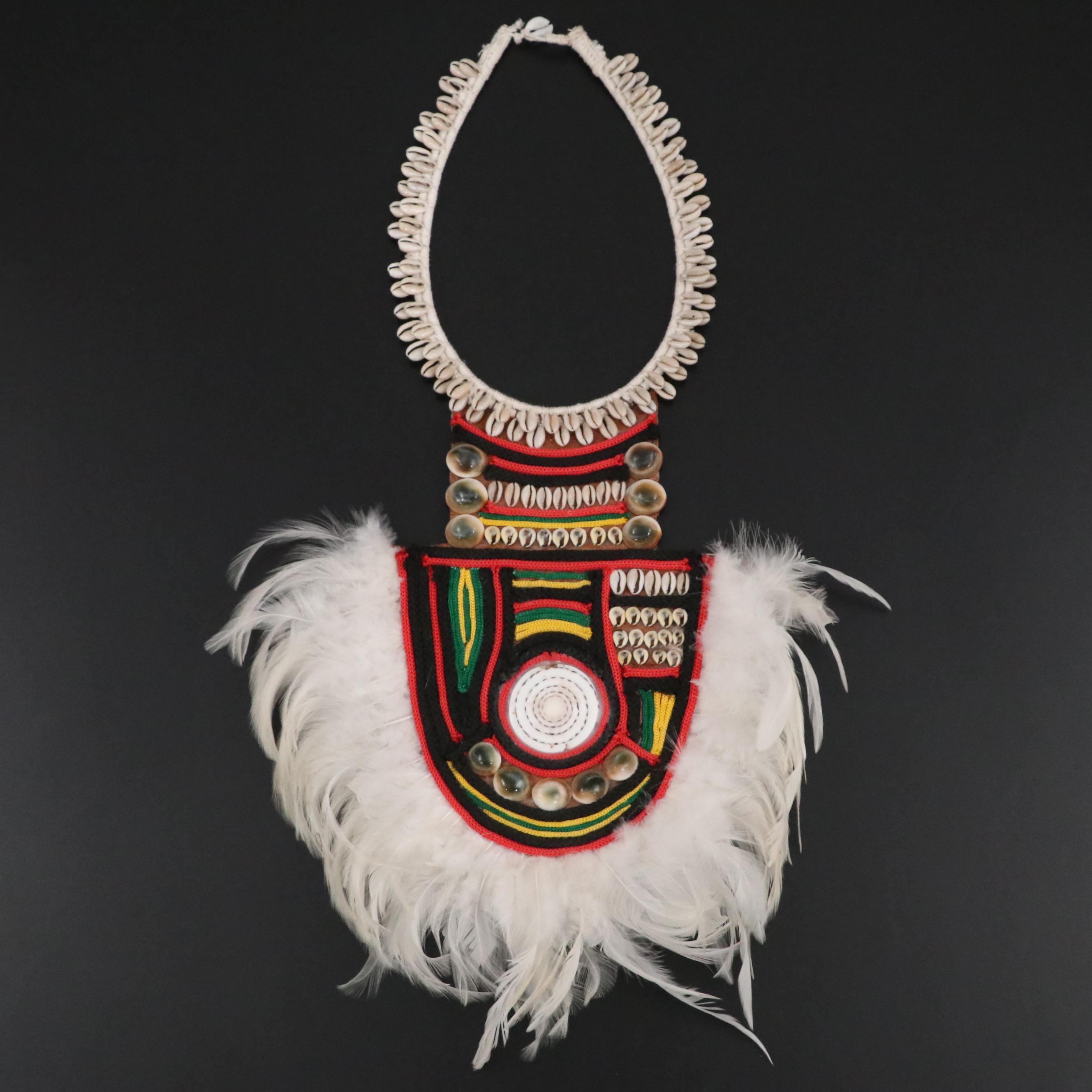 PNG Yali Peoples Cowrie Bead, Feather and Braided Cord Leather Shield Necklace