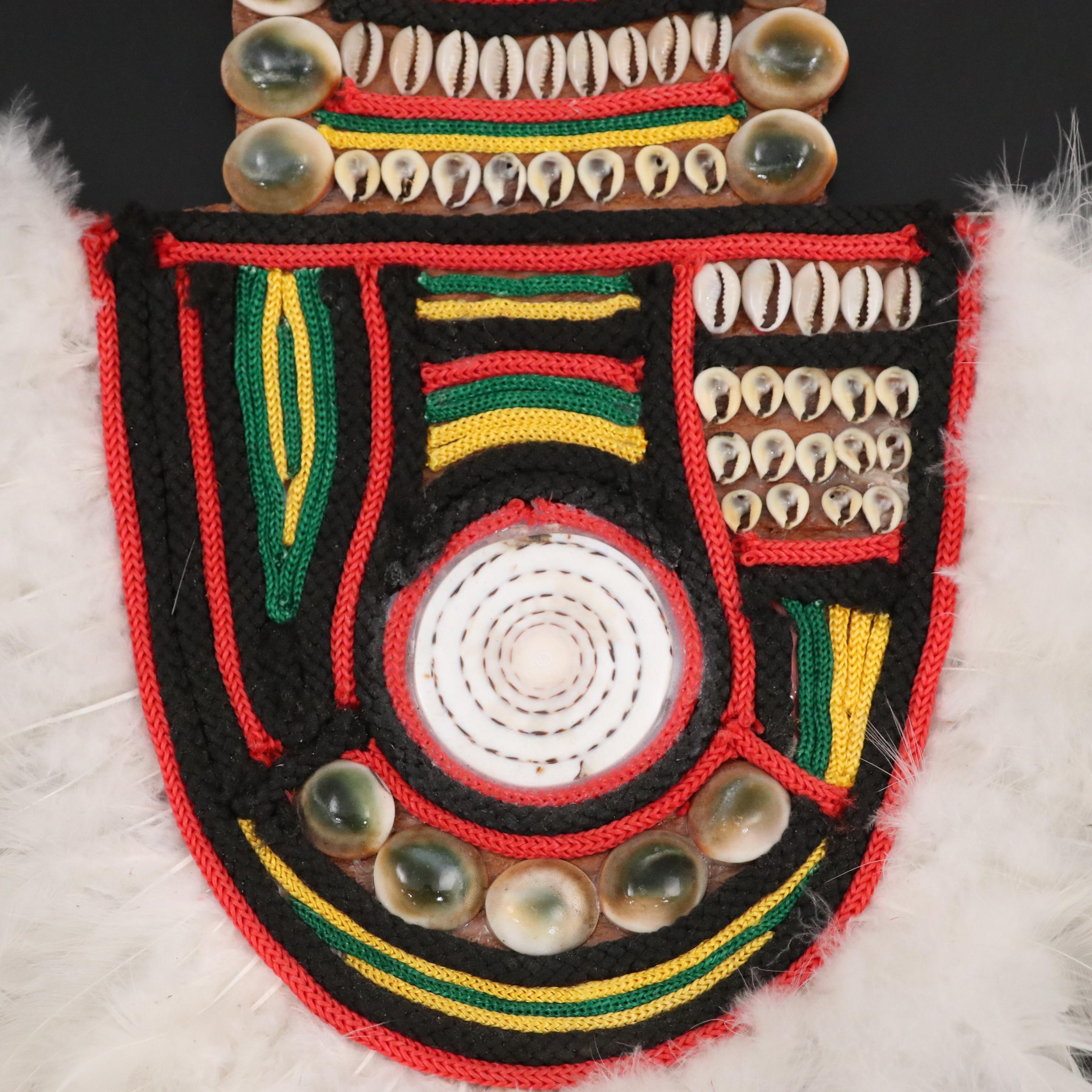 PNG Yali Peoples Cowrie Bead, Feather and Braided Cord Leather Shield Necklace