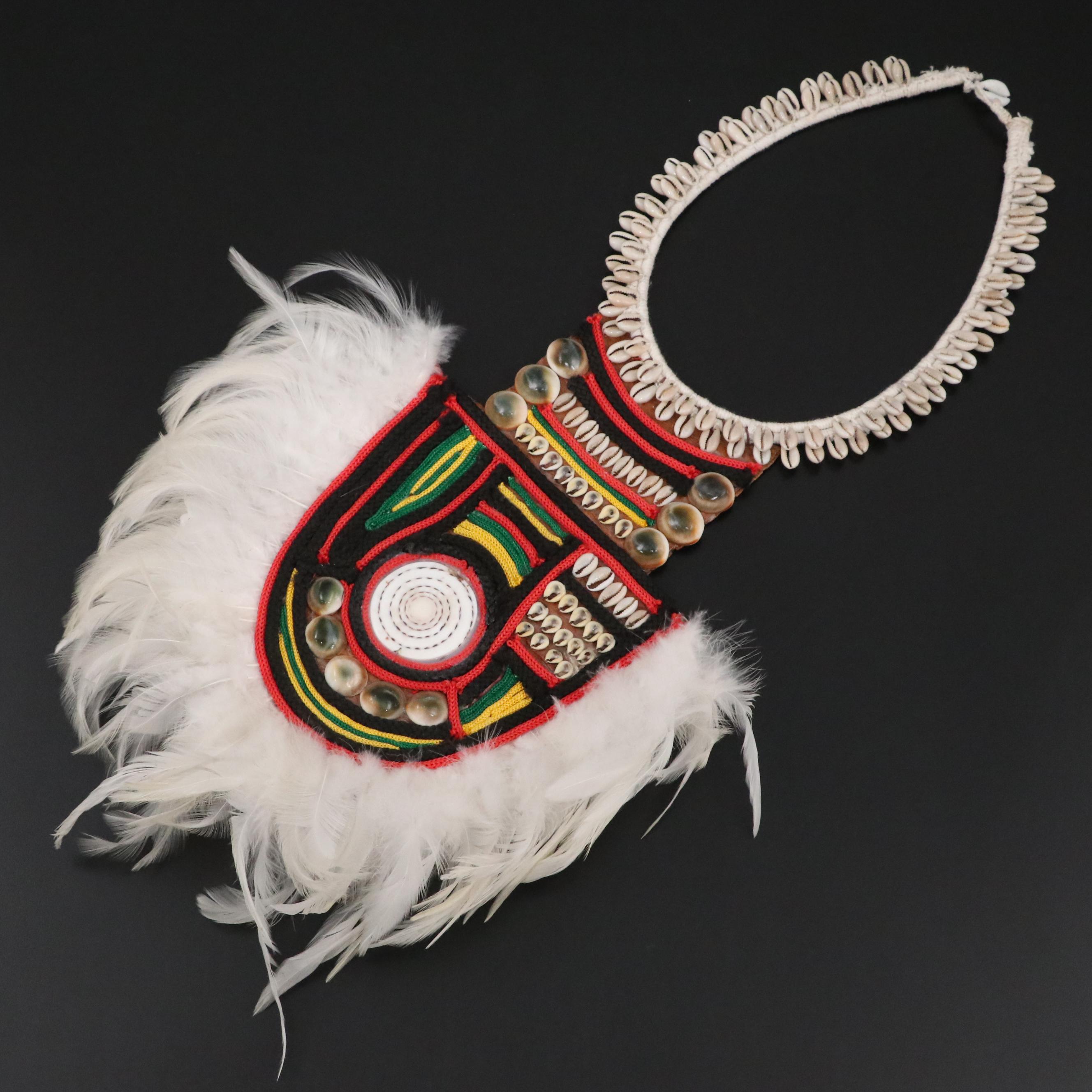 PNG Yali Peoples Cowrie Bead, Feather and Braided Cord Leather Shield Necklace