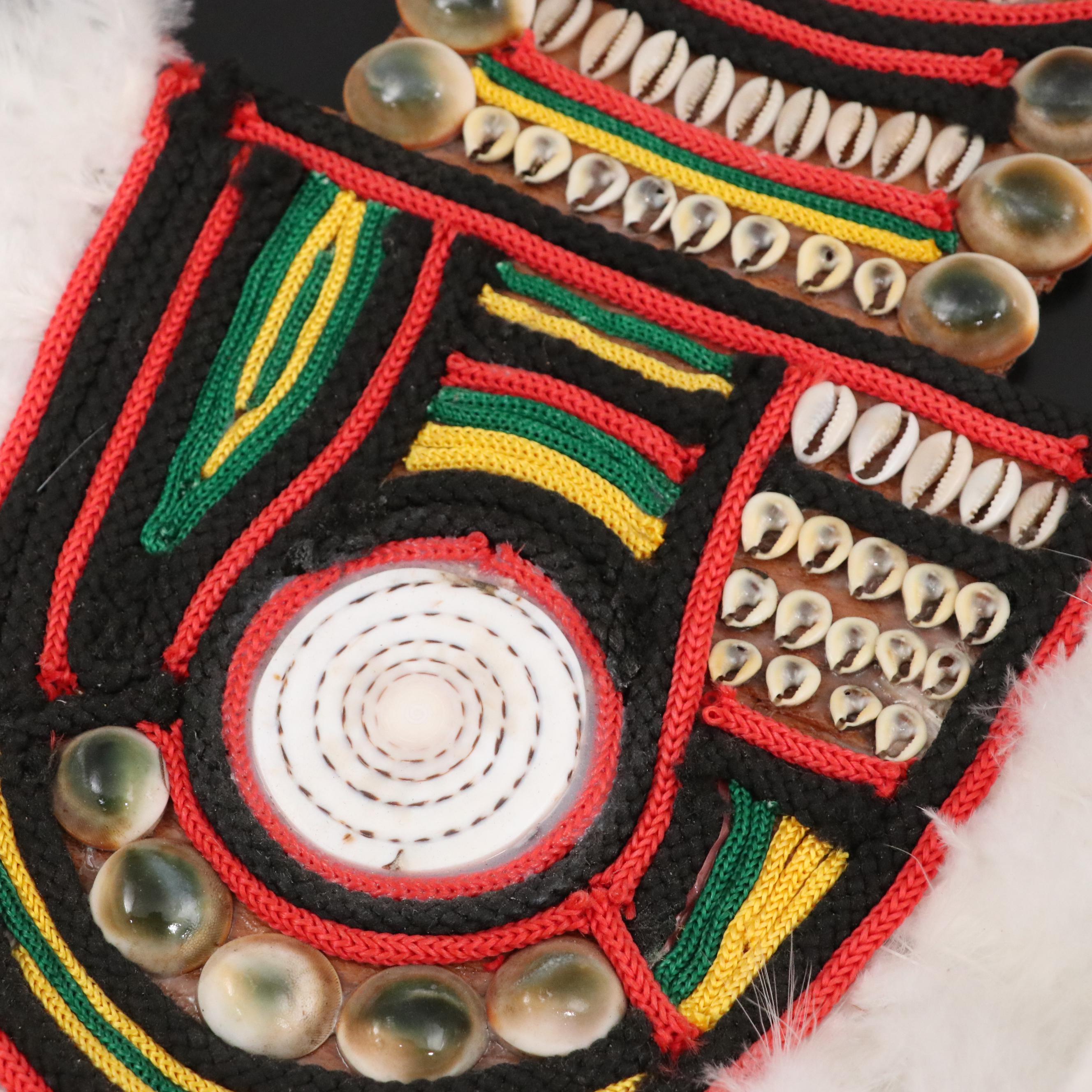 PNG Yali Peoples Cowrie Bead, Feather and Braided Cord Leather Shield Necklace