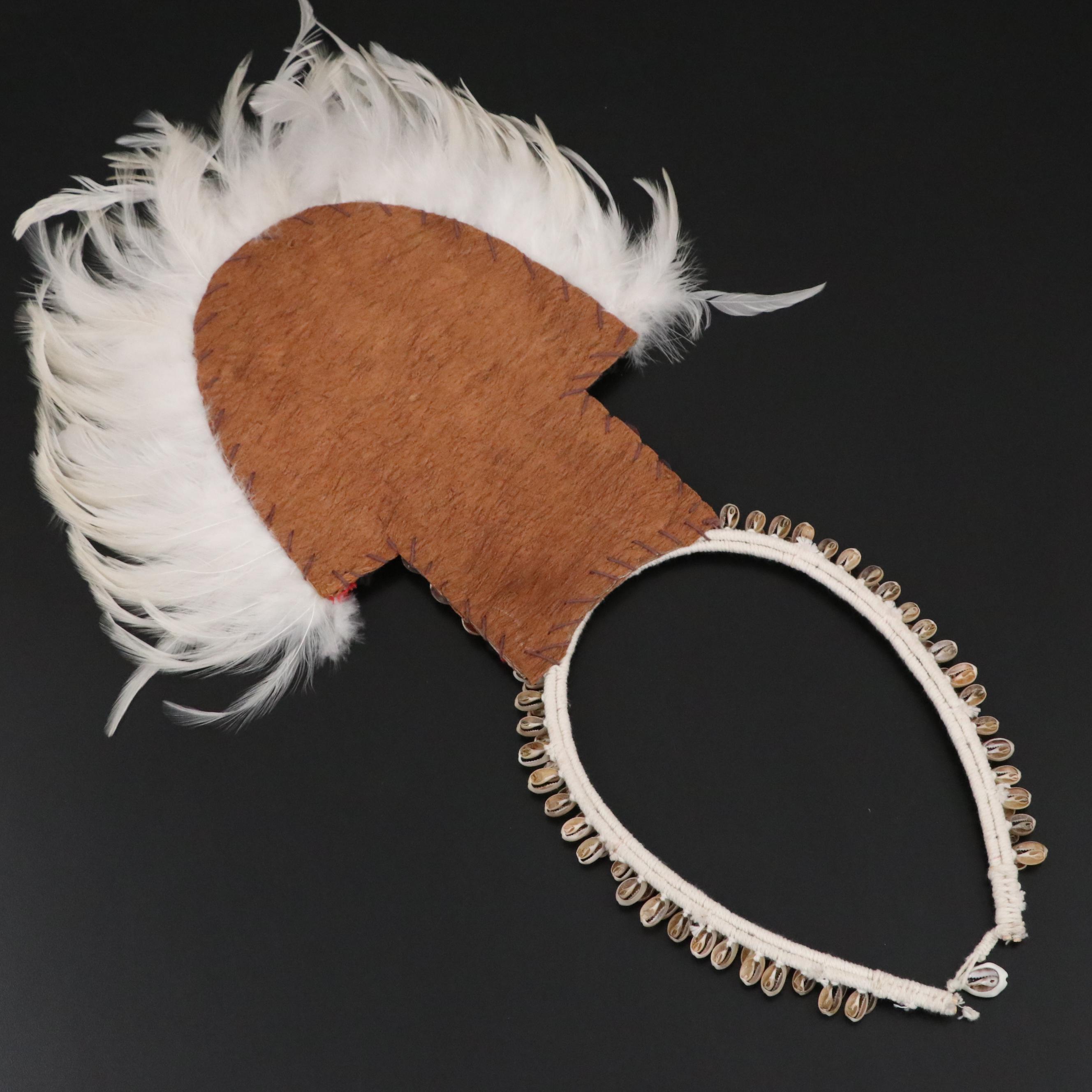 PNG Yali Peoples Cowrie Bead, Feather and Braided Cord Leather Shield Necklace